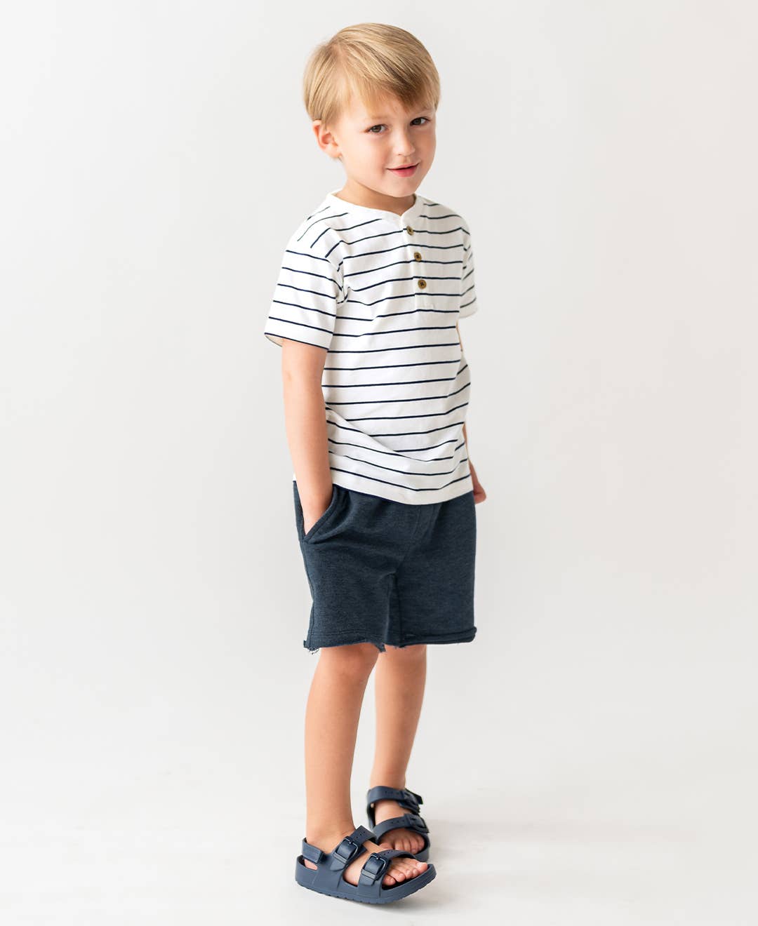 Boys White & Navy Stripe Short Sleeve Henley
