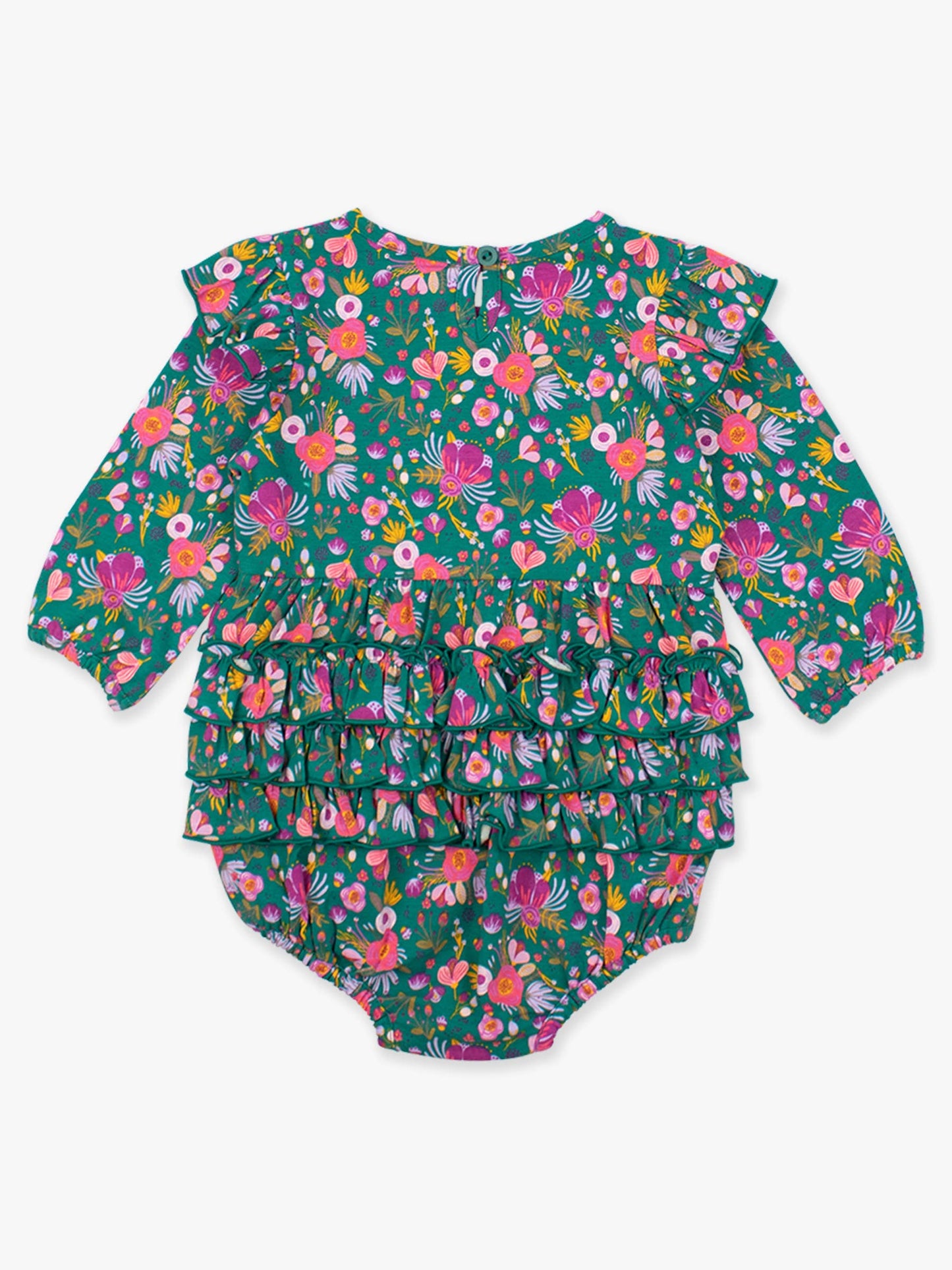 Baby Girls Knit Long Sleeve Flutter Bubble Romper: Emerald Floral