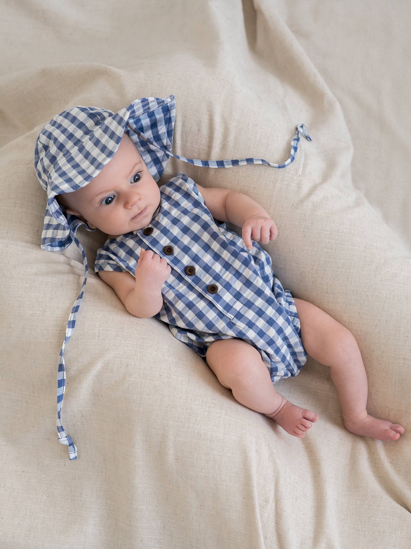 Organic Baby Wren Seersucker Bubble Romper - Marino Gingham: 3-6M