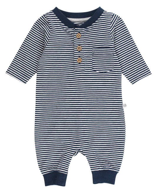 Baby Tiny Navy Stripe Knit Henley Pocket Romper: Blue