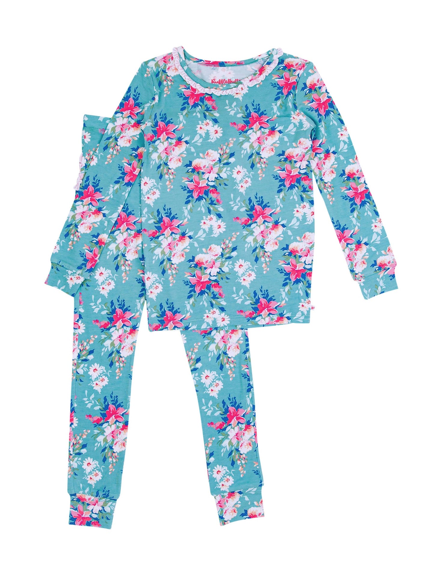 Fancy Me Floral Bamboo Viscose Ruffle Long Sleeve Pajama Set: Blue