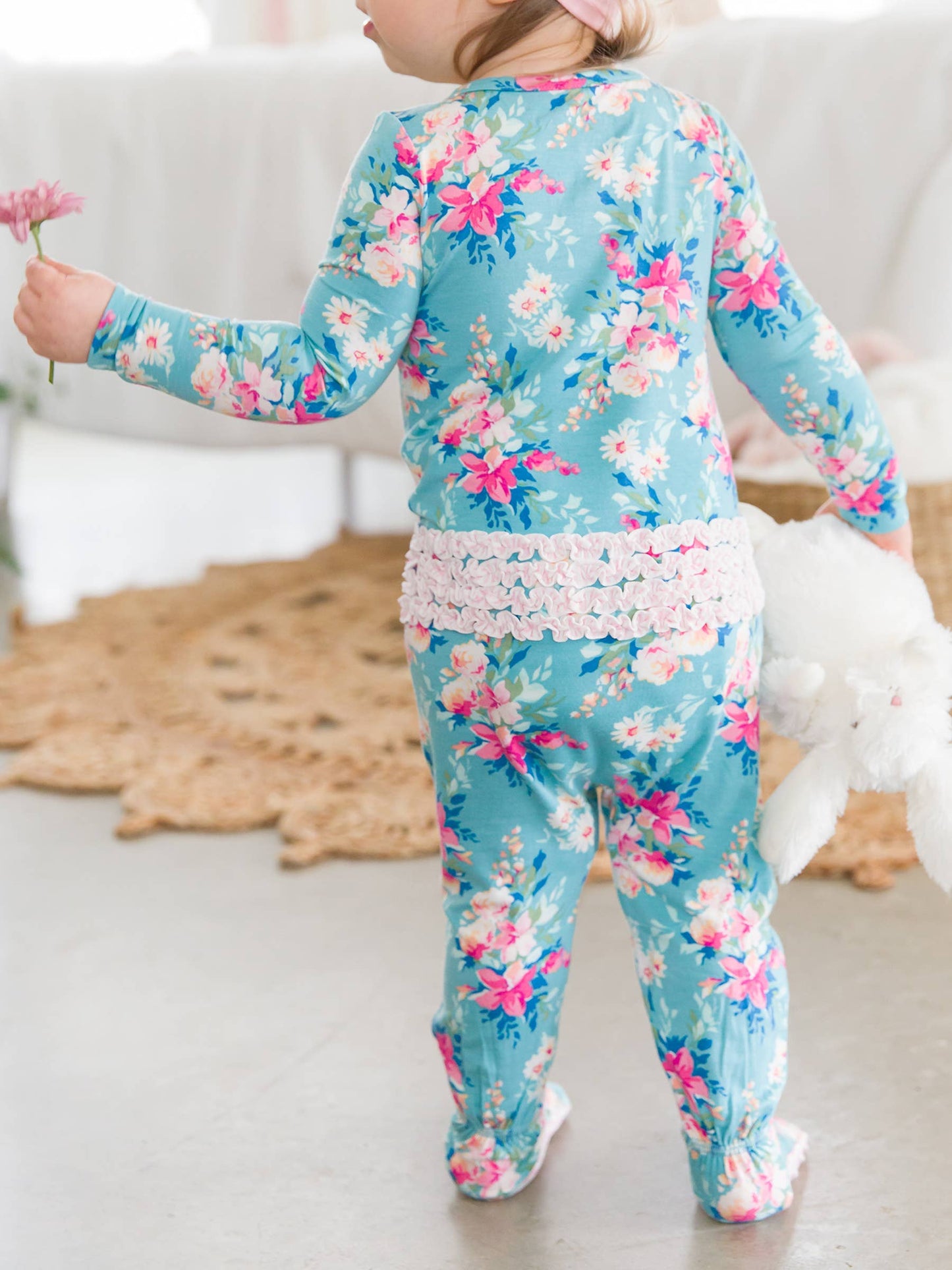 Fancy Me Floral Bamboo Viscose Footed Ruffle One Piece Pajama: Blue