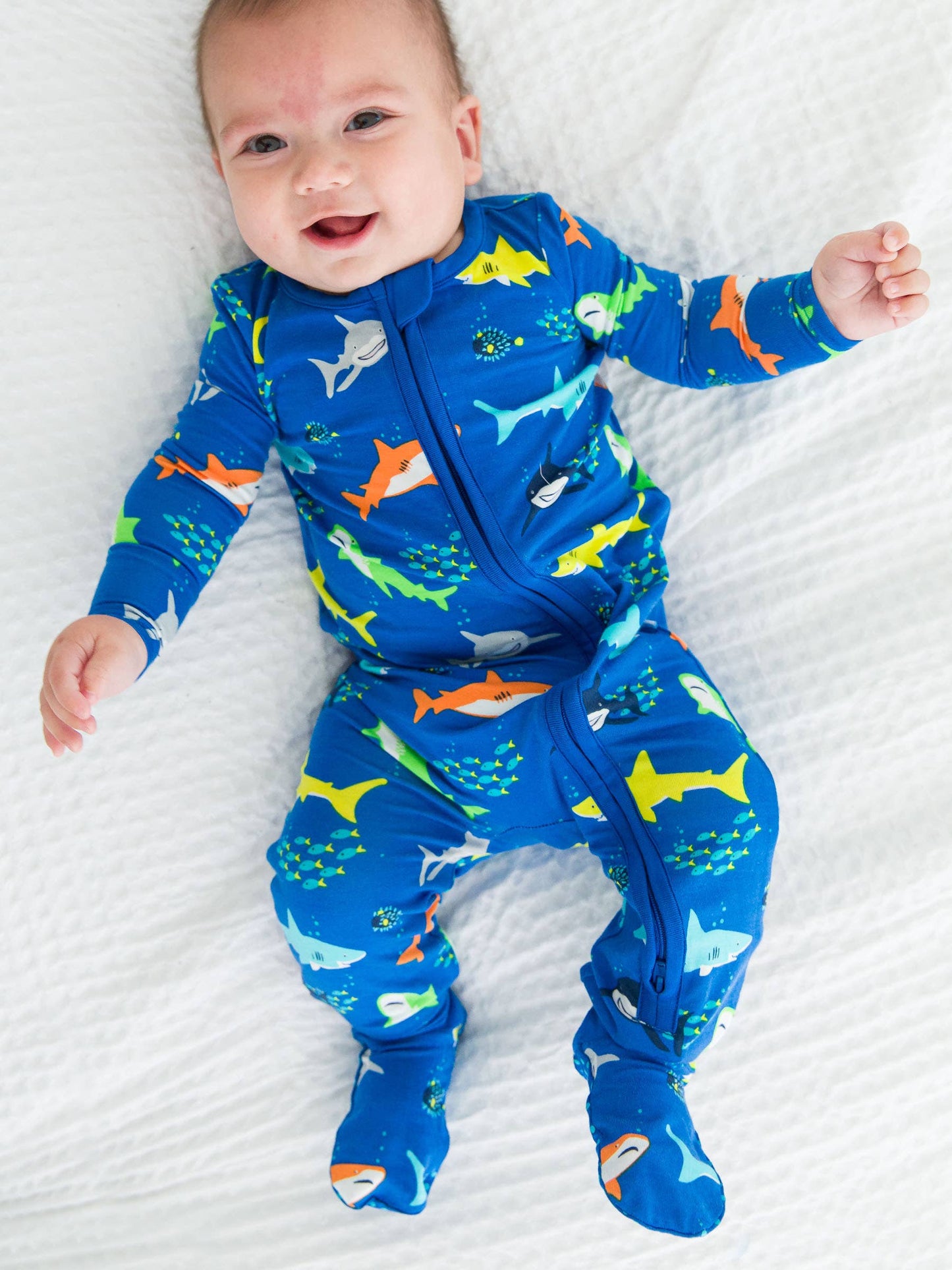 Baby Boys Happy Sharks Bamboo Viscose Footed One Piece Pajama: Blue
