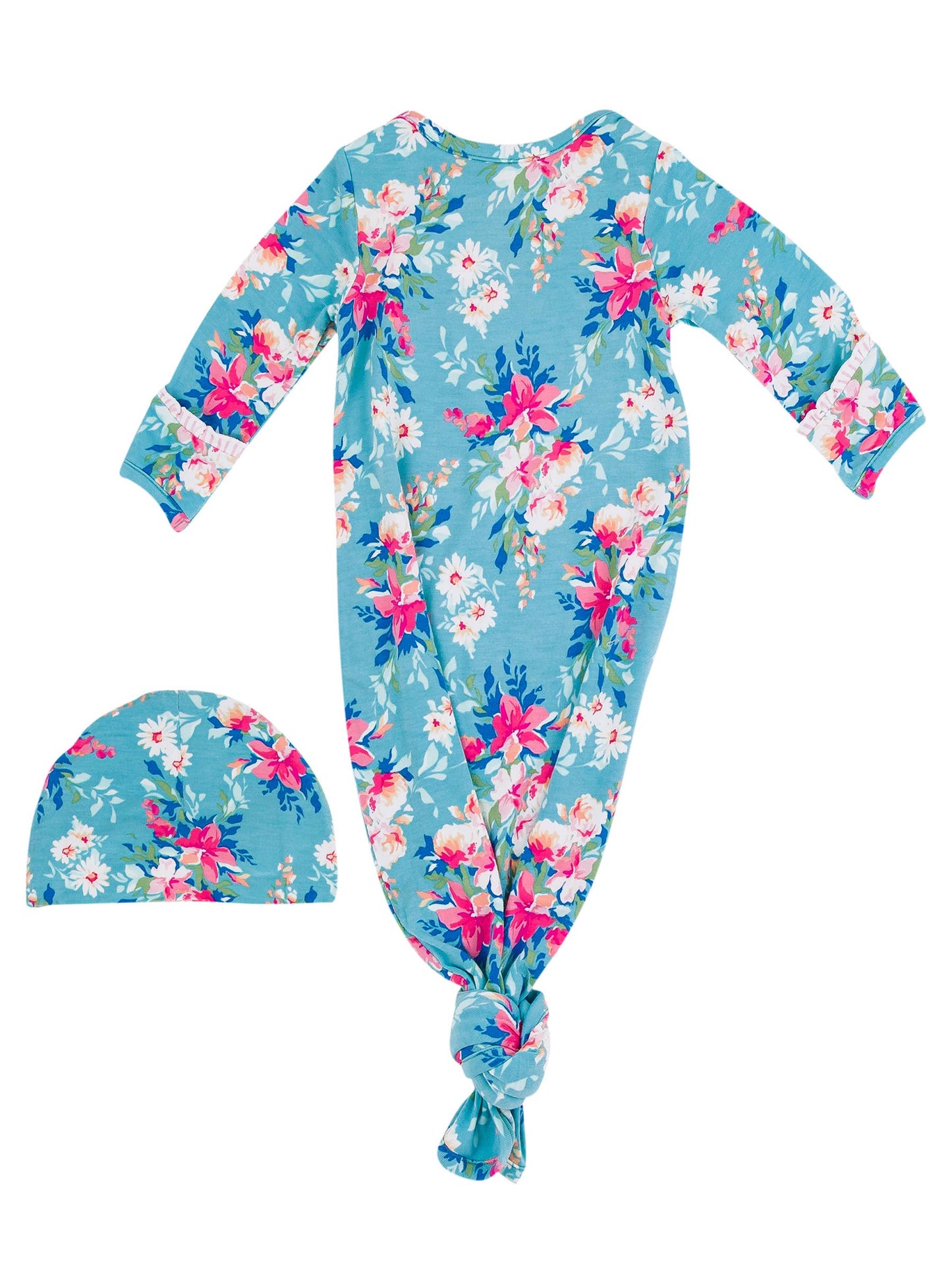 Newborn Baby Girls Fancy Me Floral Bamboo Viscose Knotted Ruffle Gown & Hat Set: Blue / Newborn-3m
