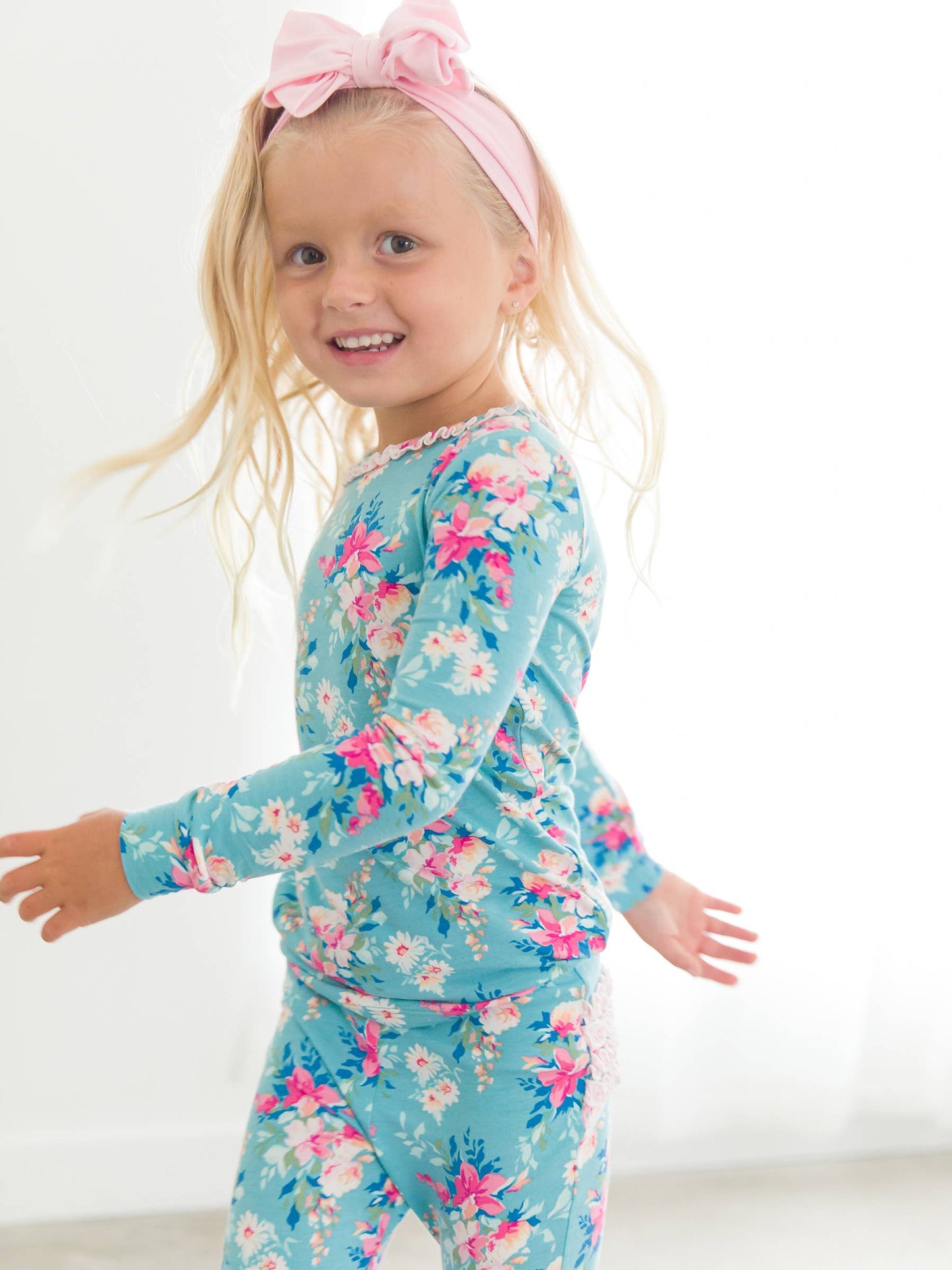 Fancy Me Floral Bamboo Viscose Ruffle Long Sleeve Pajama Set: Blue