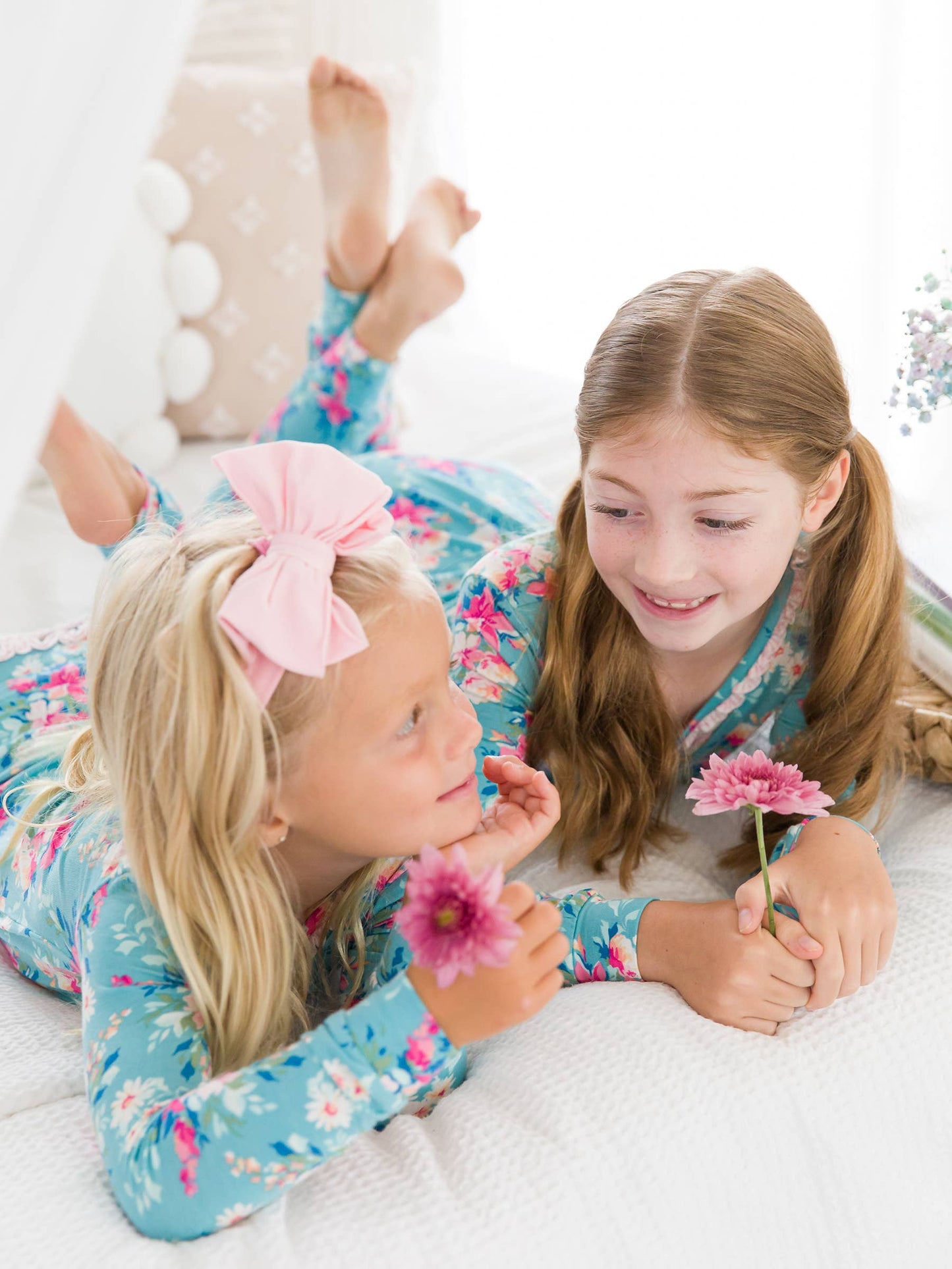 Fancy Me Floral Bamboo Viscose Ruffle Long Sleeve Pajama Set: Blue