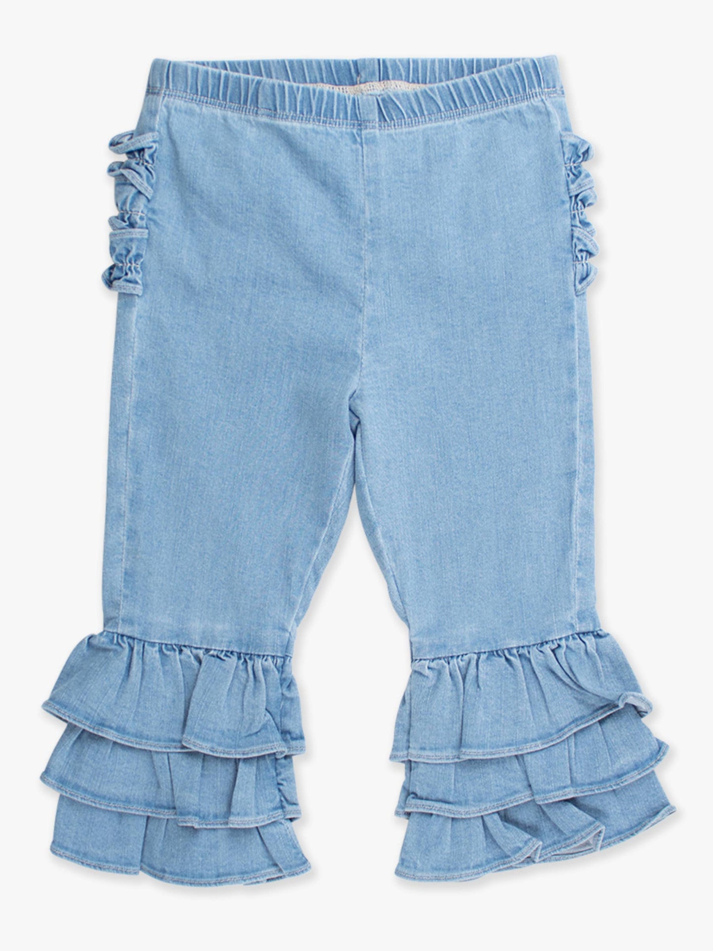 Girls Light Wash Denim Ruffle Flare Pants