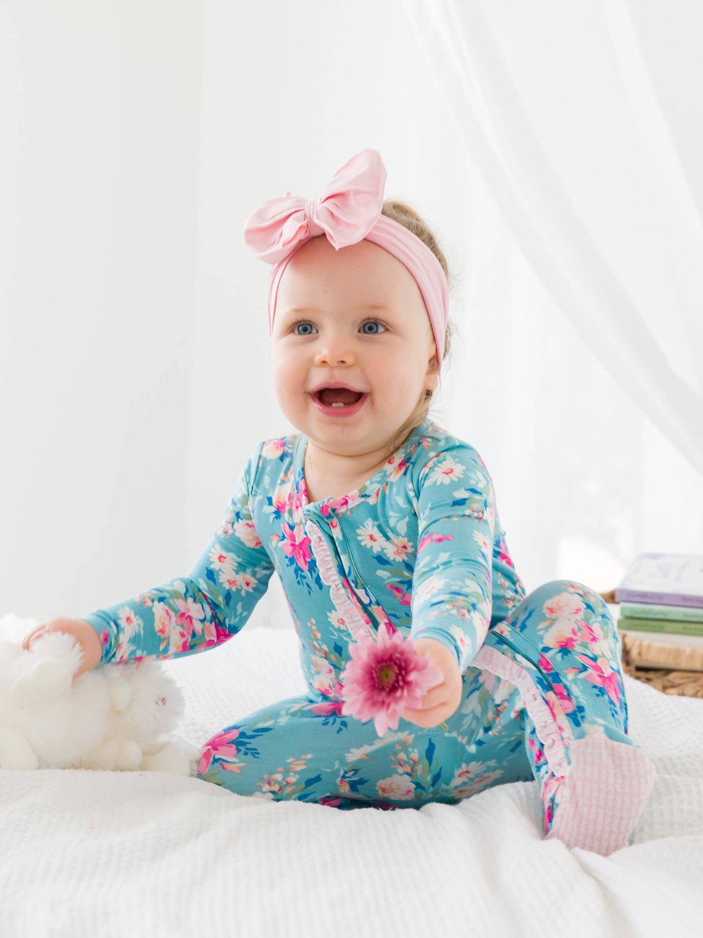 Fancy Me Floral Bamboo Viscose Footed Ruffle One Piece Pajama: Blue