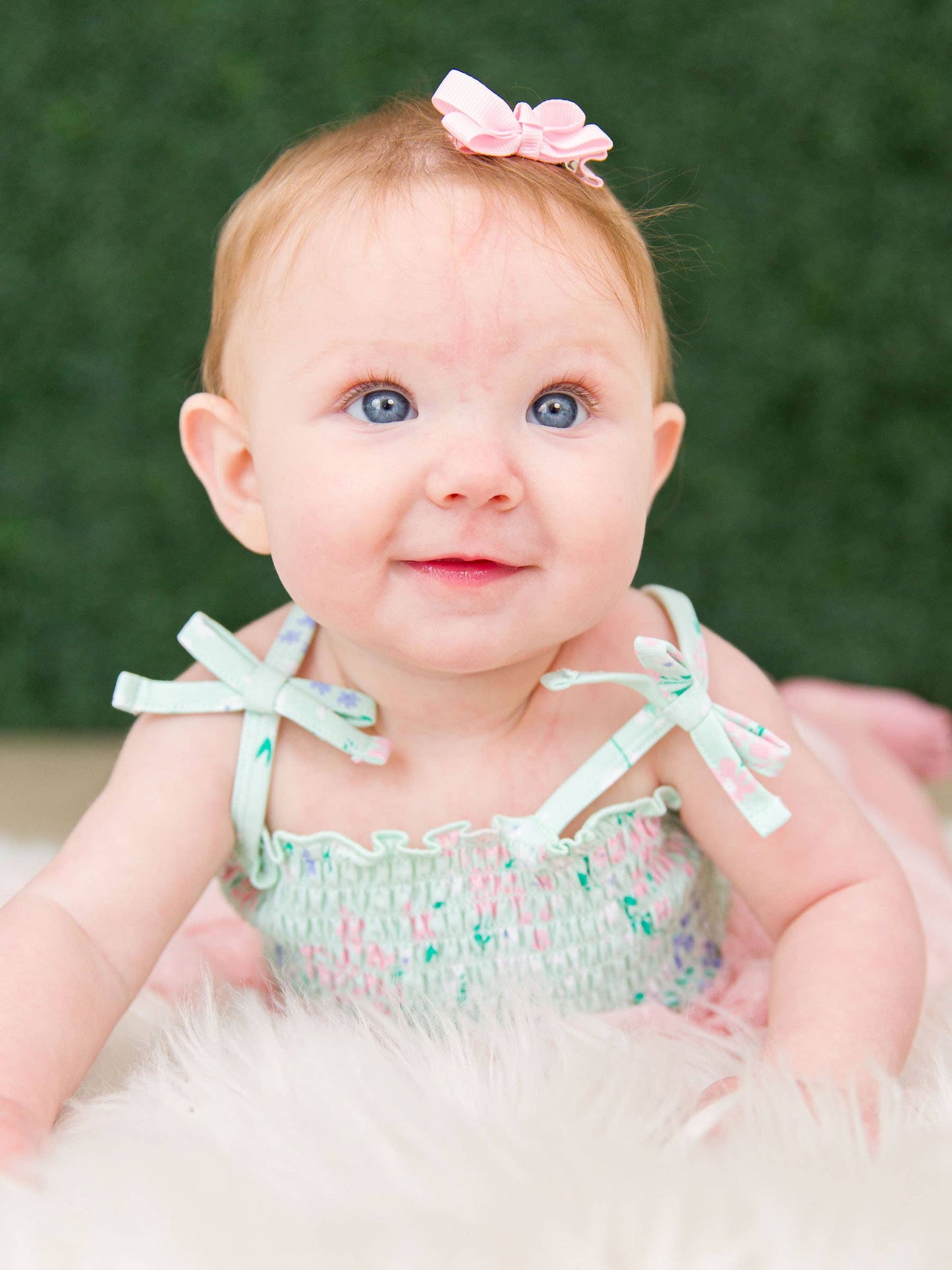 Baby Girls Mint Meadow Tie Smocked Tulle Skirted Romper: Green