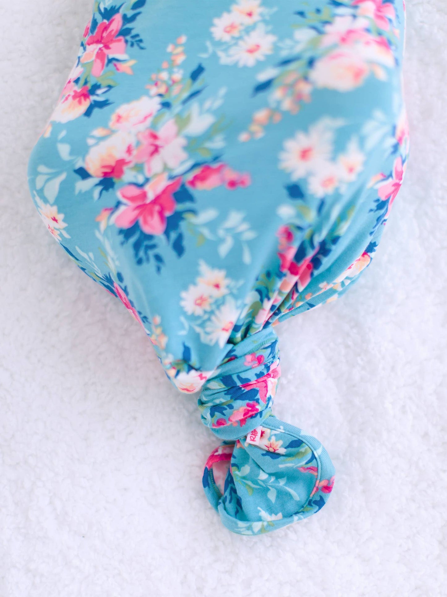 Newborn Baby Girls Fancy Me Floral Bamboo Viscose Knotted Ruffle Gown & Hat Set: Blue / Newborn-3m