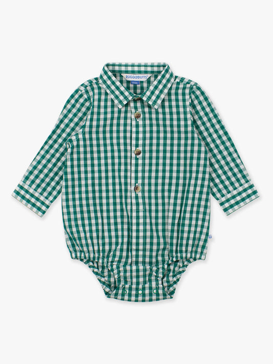 Baby Boys Classic Gingham Long Sleeve Button Down Bodysuit: Emerald Green