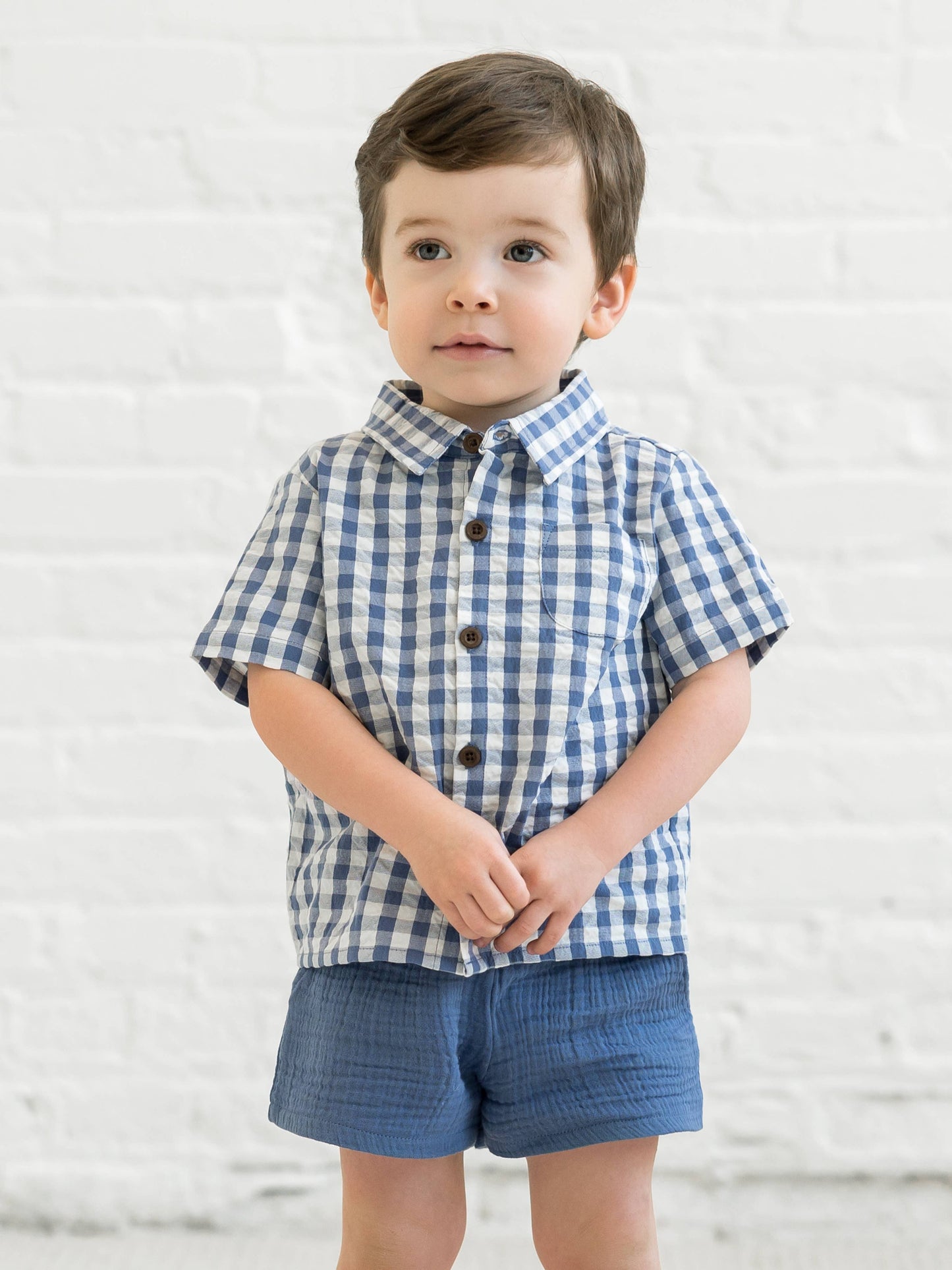 Landon Seersucker Collared Button Down Shirt - Gingham: 12-18M