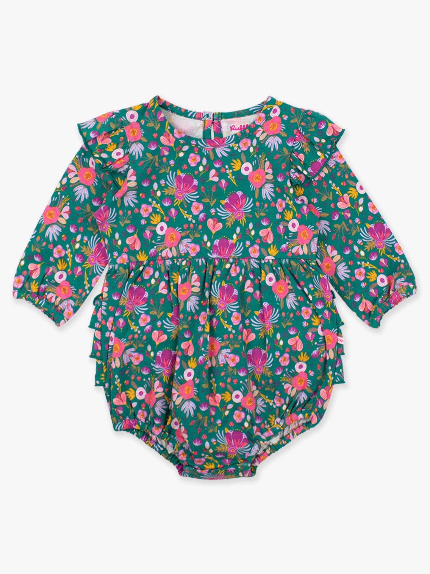 Baby Girls Knit Long Sleeve Flutter Bubble Romper: Emerald Floral