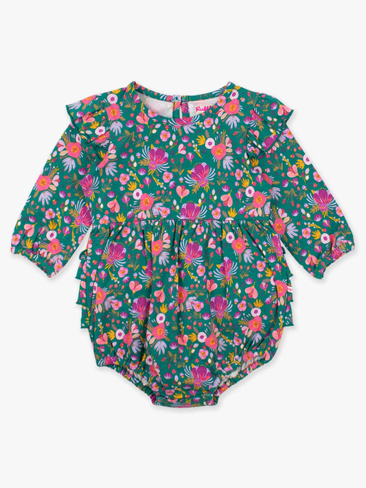 Baby Girls Knit Long Sleeve Flutter Bubble Romper: Emerald Floral