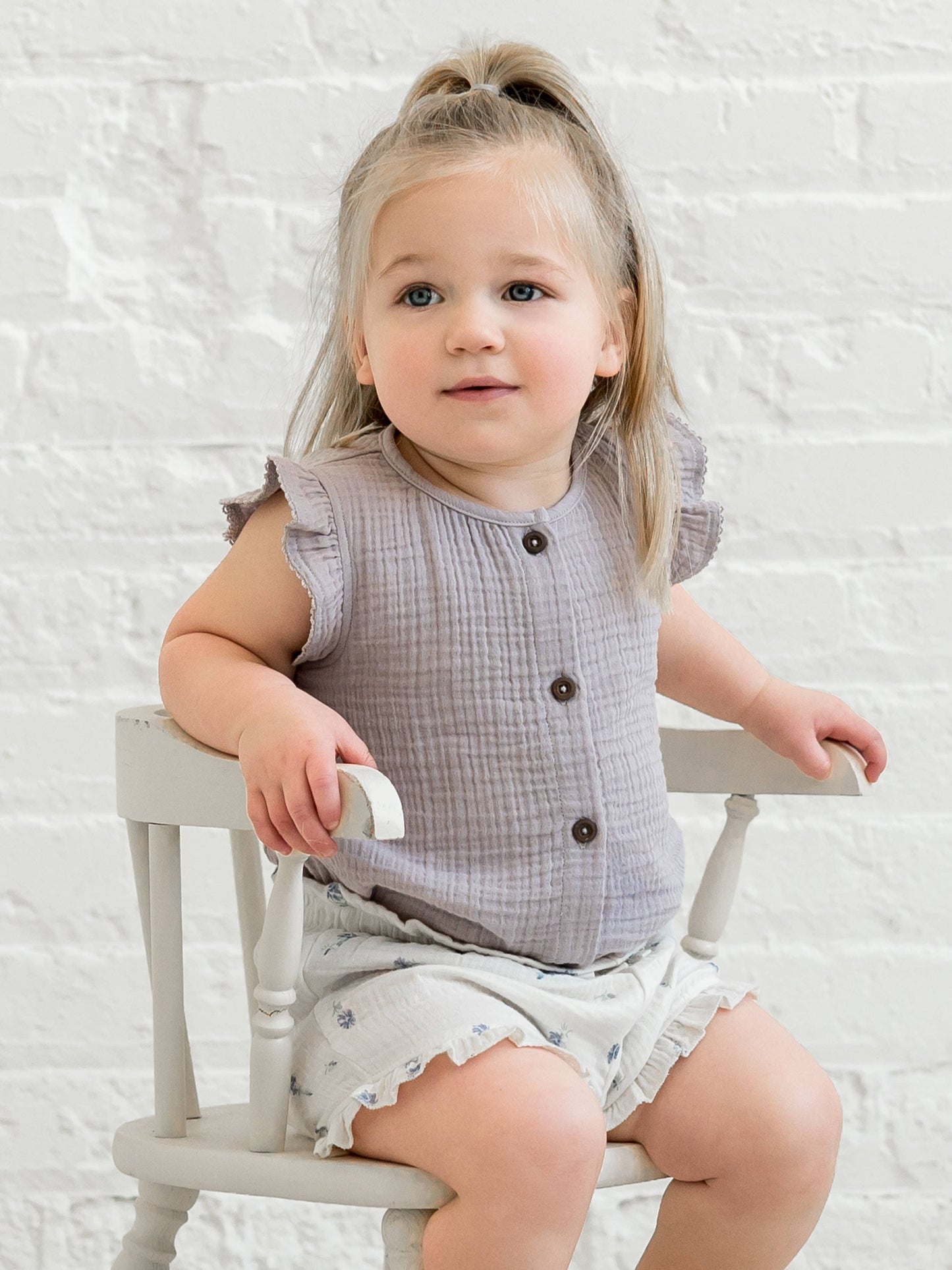 Tessa Muslin Button Front Ruffle Sleeve Top - Lilla: 18-24M