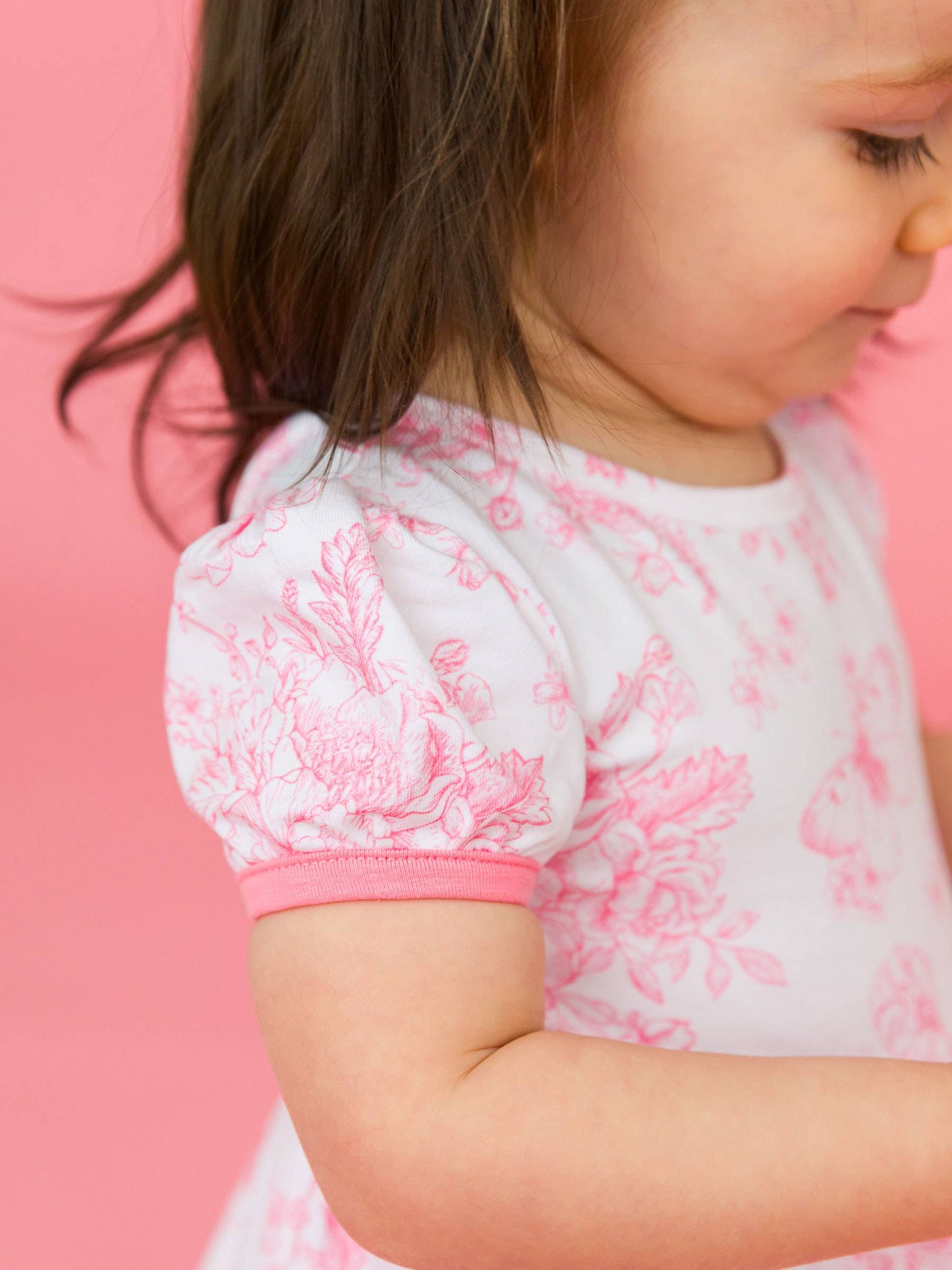 Baby Girls Bubblegum Pink Butterfly Garden Toile Short Sleeve Bow Twirl Romper