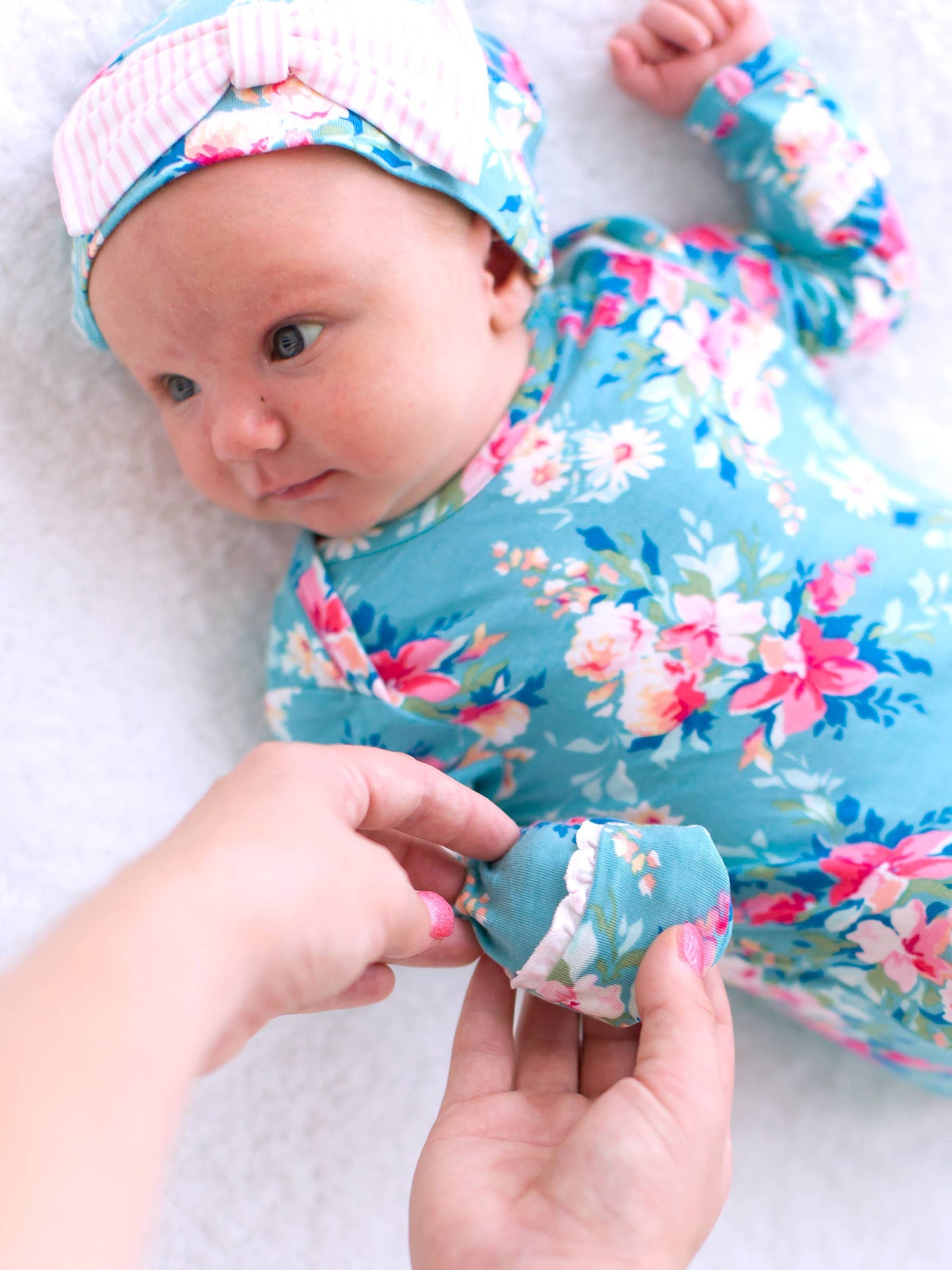 Newborn Baby Girls Fancy Me Floral Bamboo Viscose Knotted Ruffle Gown & Hat Set: Blue / Newborn-3m