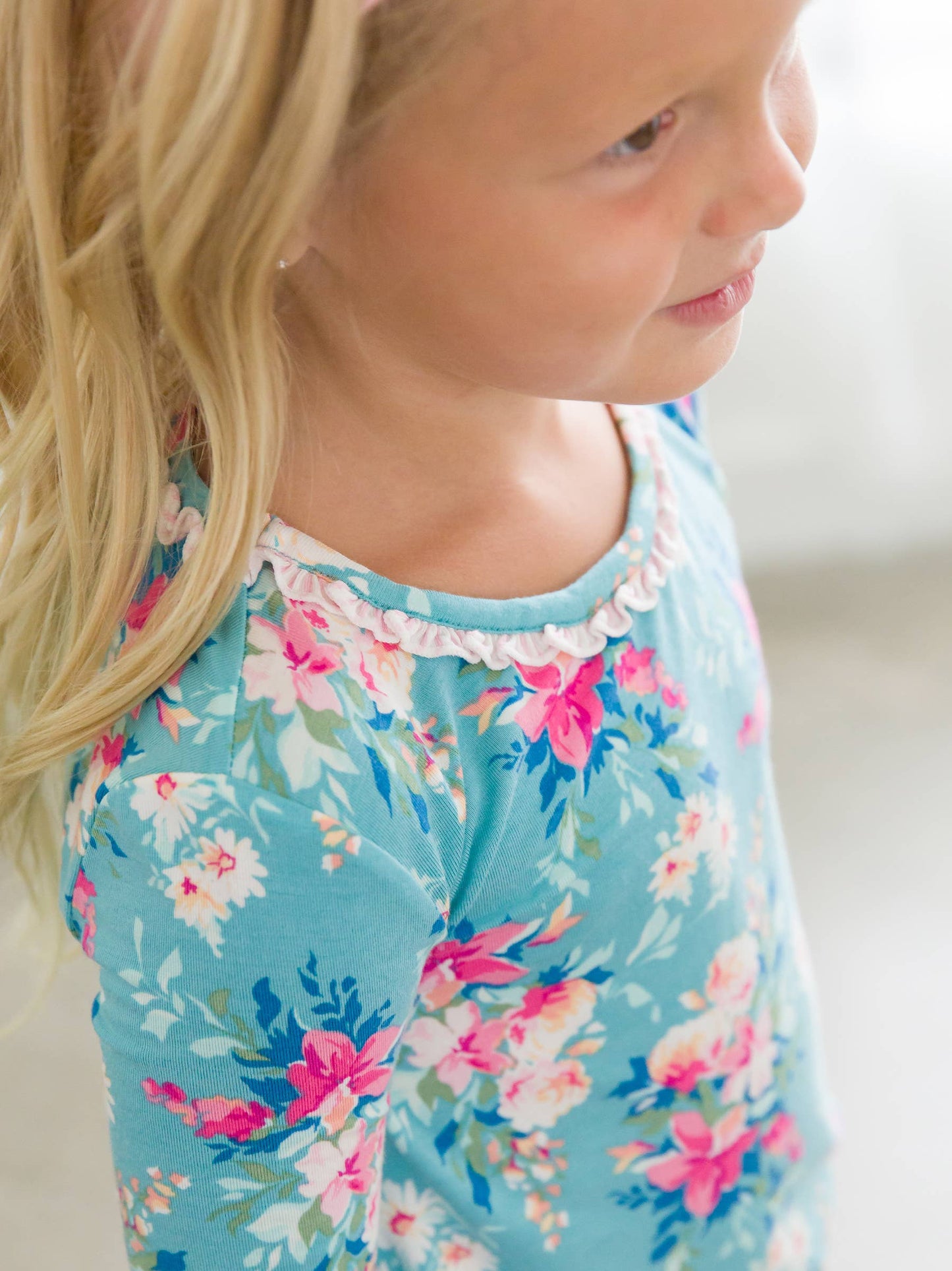 Fancy Me Floral Bamboo Viscose Ruffle Long Sleeve Pajama Set: Blue