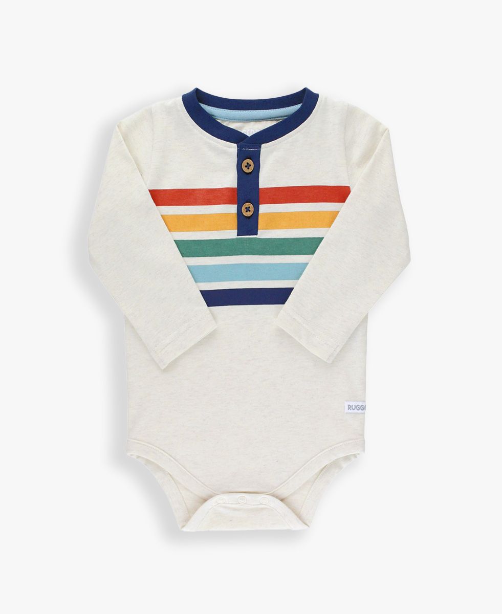 Baby Boys Heather Oatmeal Rainbow Stripe Knit Long Sleeve 2-Button Henley Bodysuit