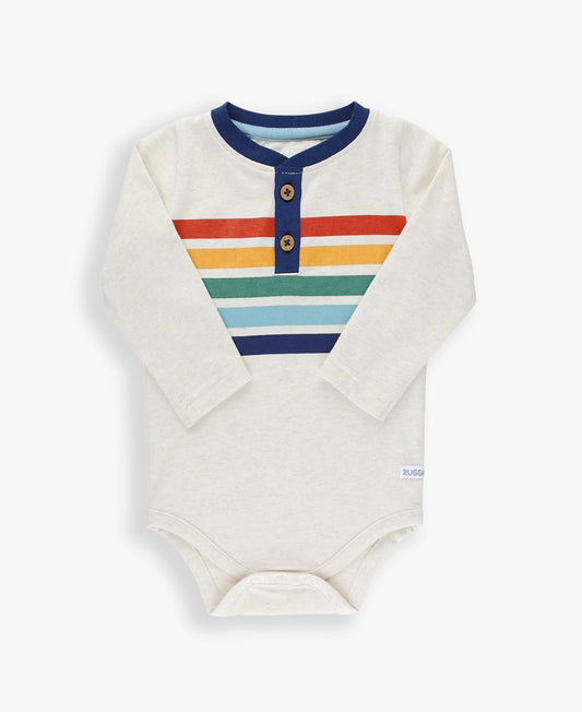 Baby Boys Heather Oatmeal Rainbow Stripe Knit Long Sleeve 2-Button Henley Bodysuit