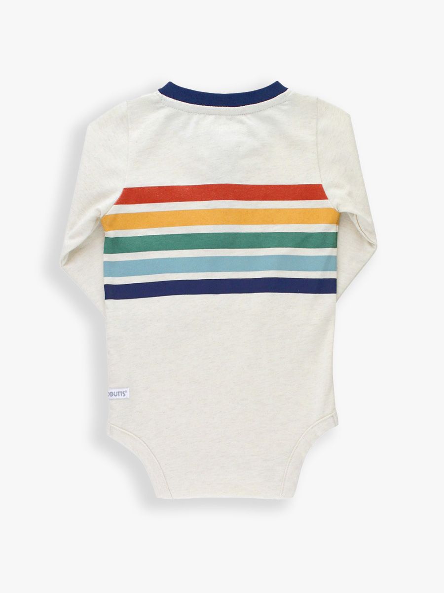 Baby Boys Heather Oatmeal Rainbow Stripe Knit Long Sleeve 2-Button Henley Bodysuit