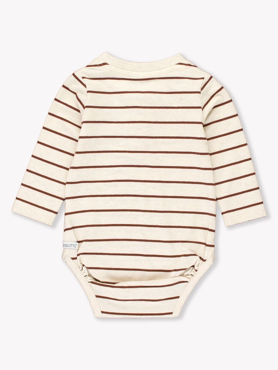 Baby Boys Heather Oatmeal & Chocolate Stripe Knit Long Sleeve 2-Button Henley Bodysuit