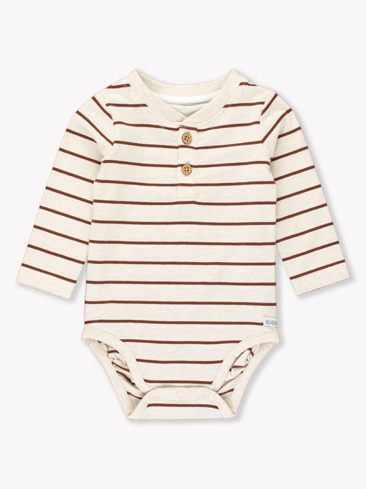 Baby Boys Heather Oatmeal & Chocolate Stripe Knit Long Sleeve 2-Button Henley Bodysuit