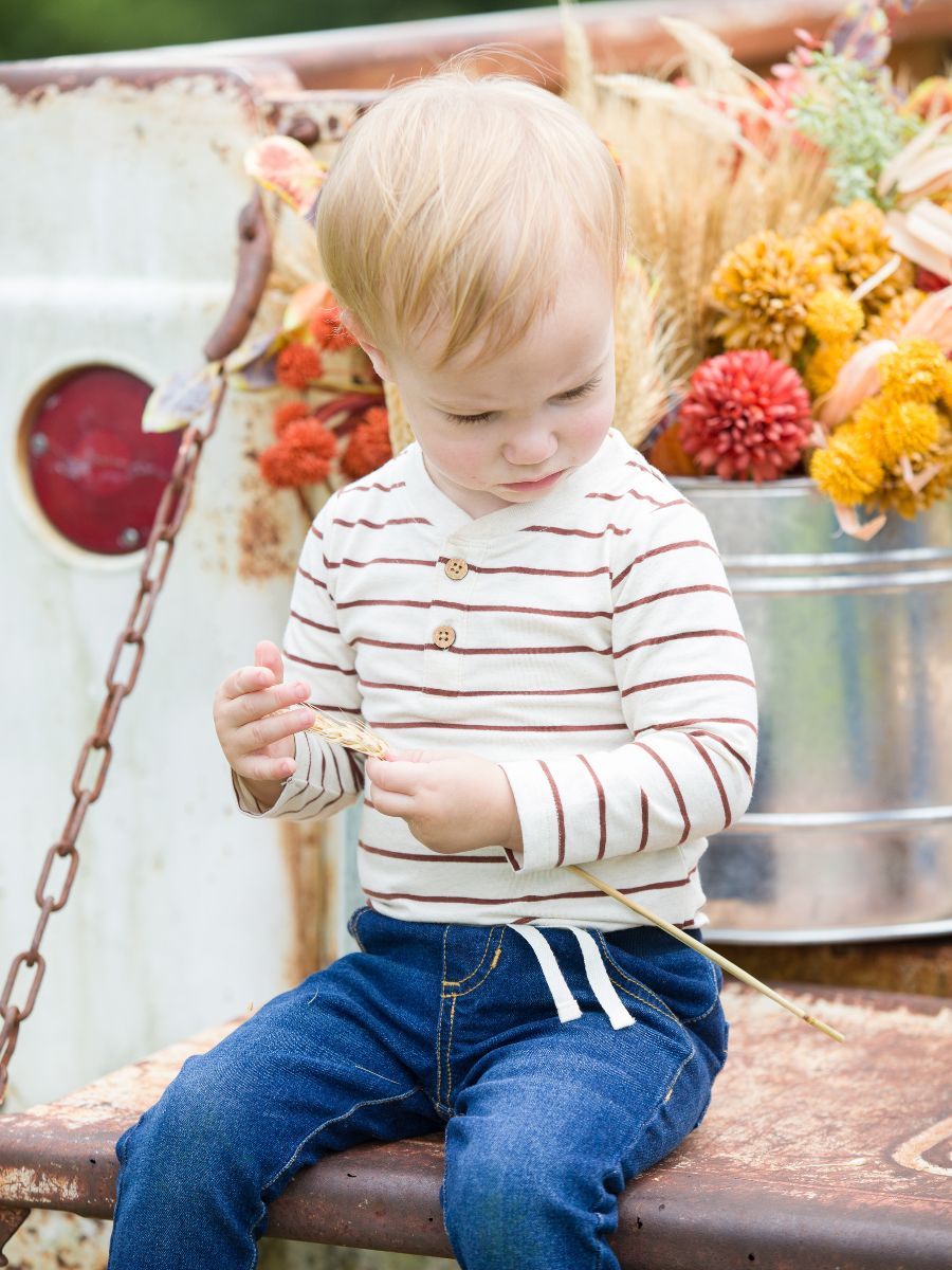 Baby Boys Heather Oatmeal & Chocolate Stripe Knit Long Sleeve 2-Button Henley Bodysuit