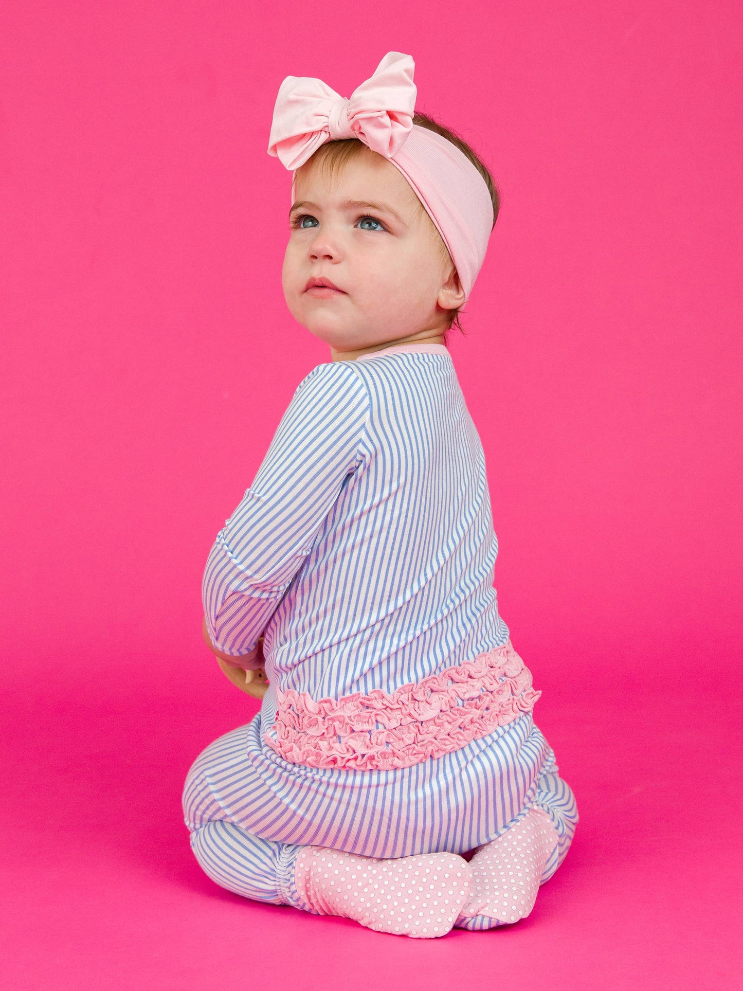 Periwinkle & White Micro Stripe Footed Ruffle One Piece Pajama