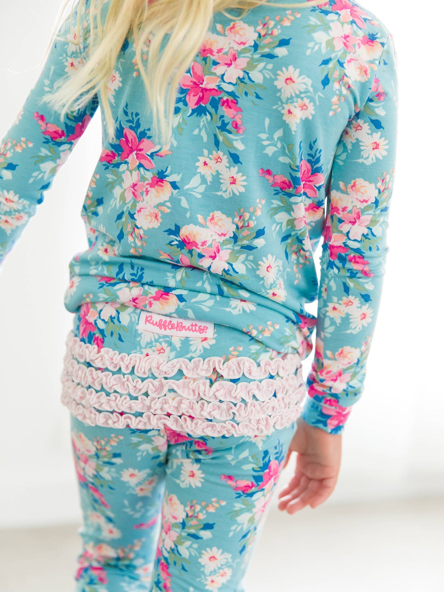 Fancy Me Floral Bamboo Viscose Ruffle Long Sleeve Pajama Set: Blue