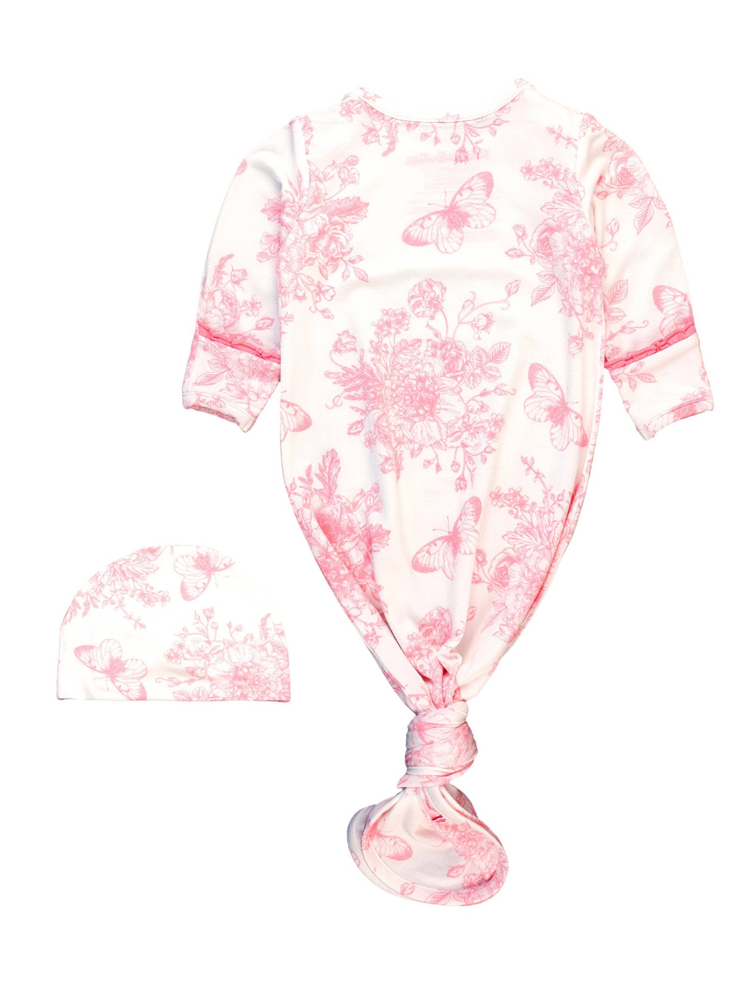 Newborn Baby Girls Bubblegum Pink Butterfly Garden Toile Bamboo Viscose Knotted Ruffle Gown & Hat Set: White / Newborn-3m