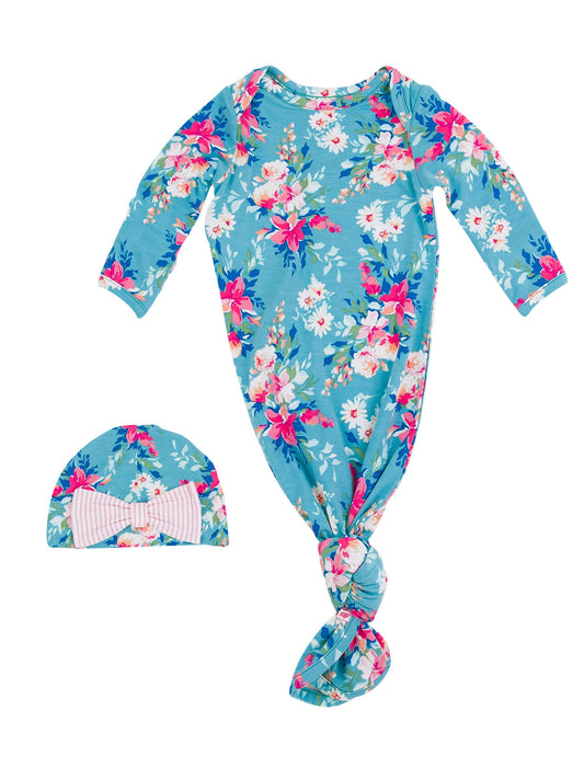 Newborn Baby Girls Fancy Me Floral Bamboo Viscose Knotted Ruffle Gown & Hat Set: Blue / Newborn-3m