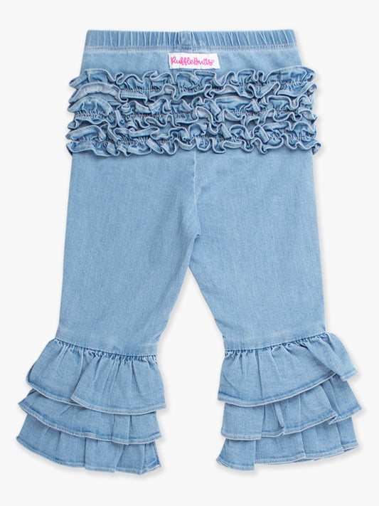 Girls Light Wash Denim Ruffle Flare Pants