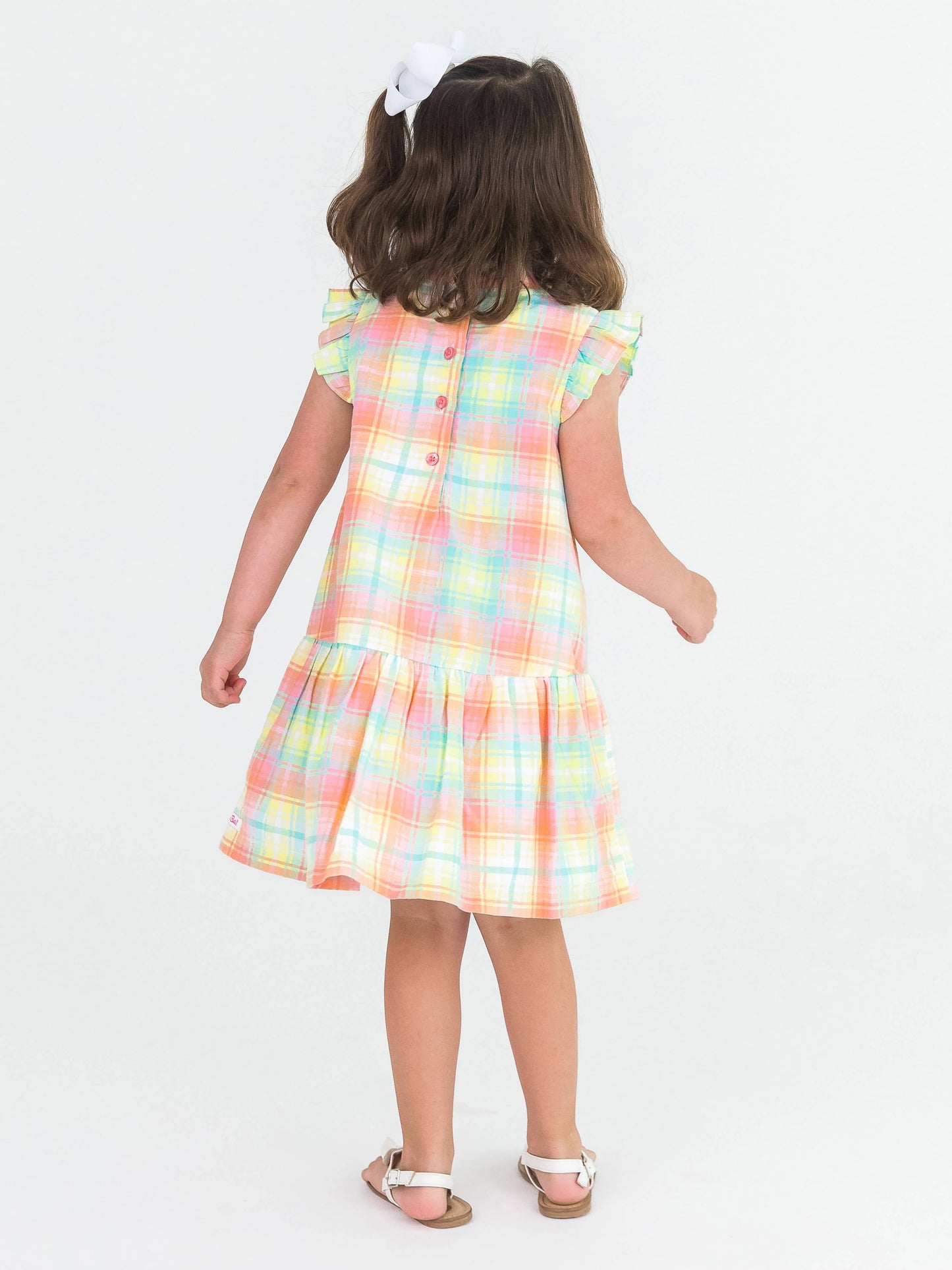 Toddler Girls New Rainbow Plaid Mock Neck Sleeveless Flutter Dress: Multi-Color