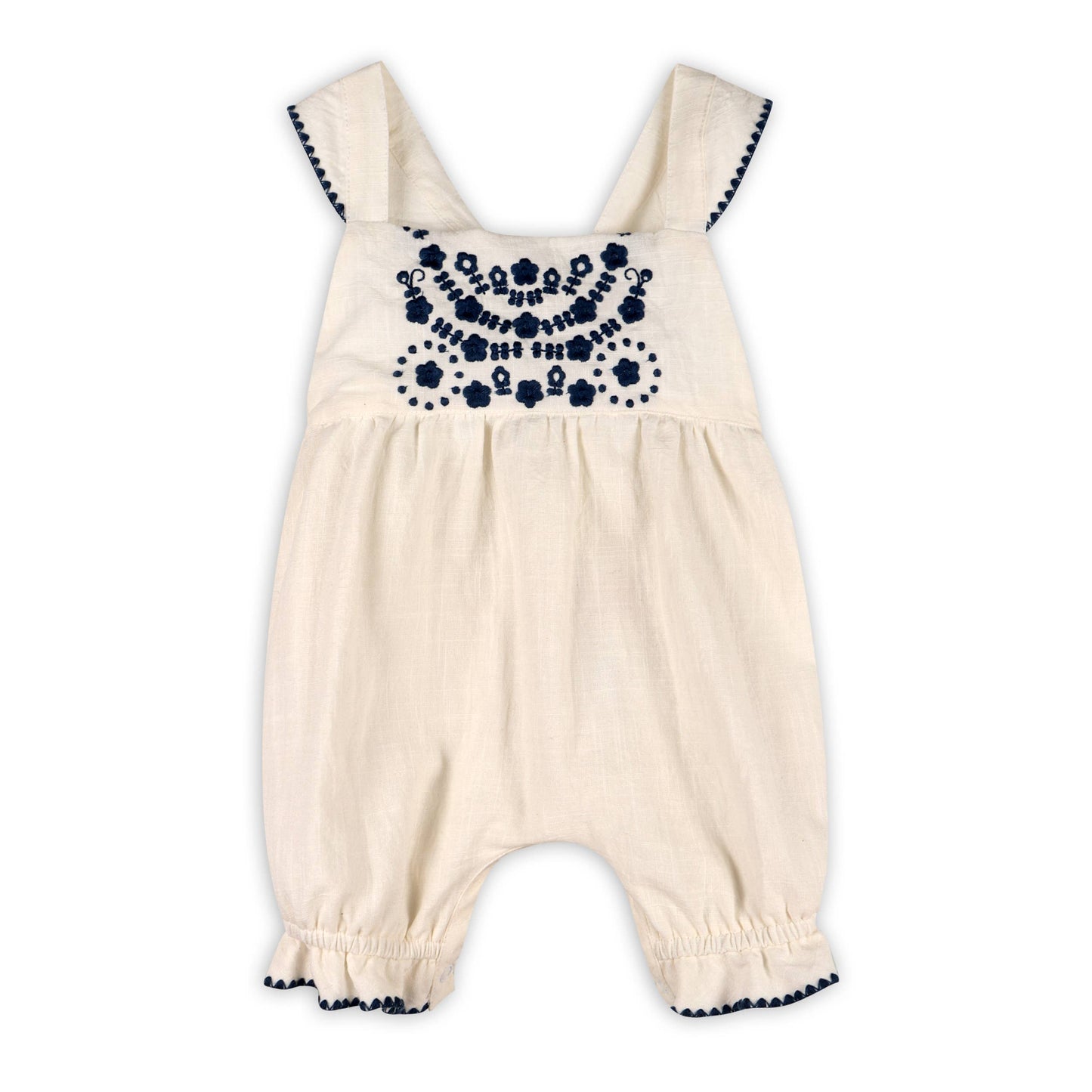 Milena Embroidered Bubble Baby Romper (Organic Cotton): Coconut Milk, Navy Blue Embroidery / 6-12M