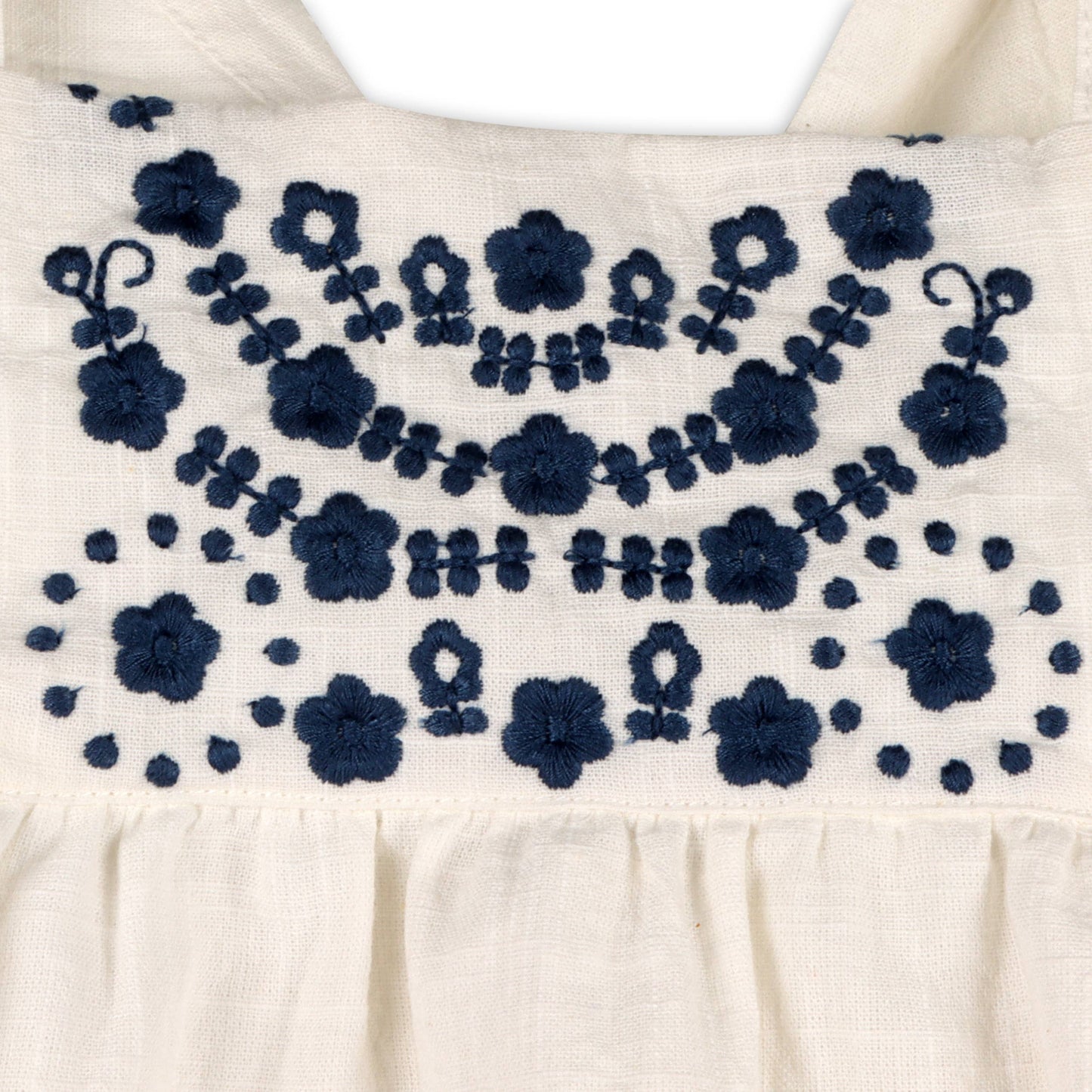 Milena Embroidered Bubble Baby Romper (Organic Cotton): Coconut Milk, Navy Blue Embroidery