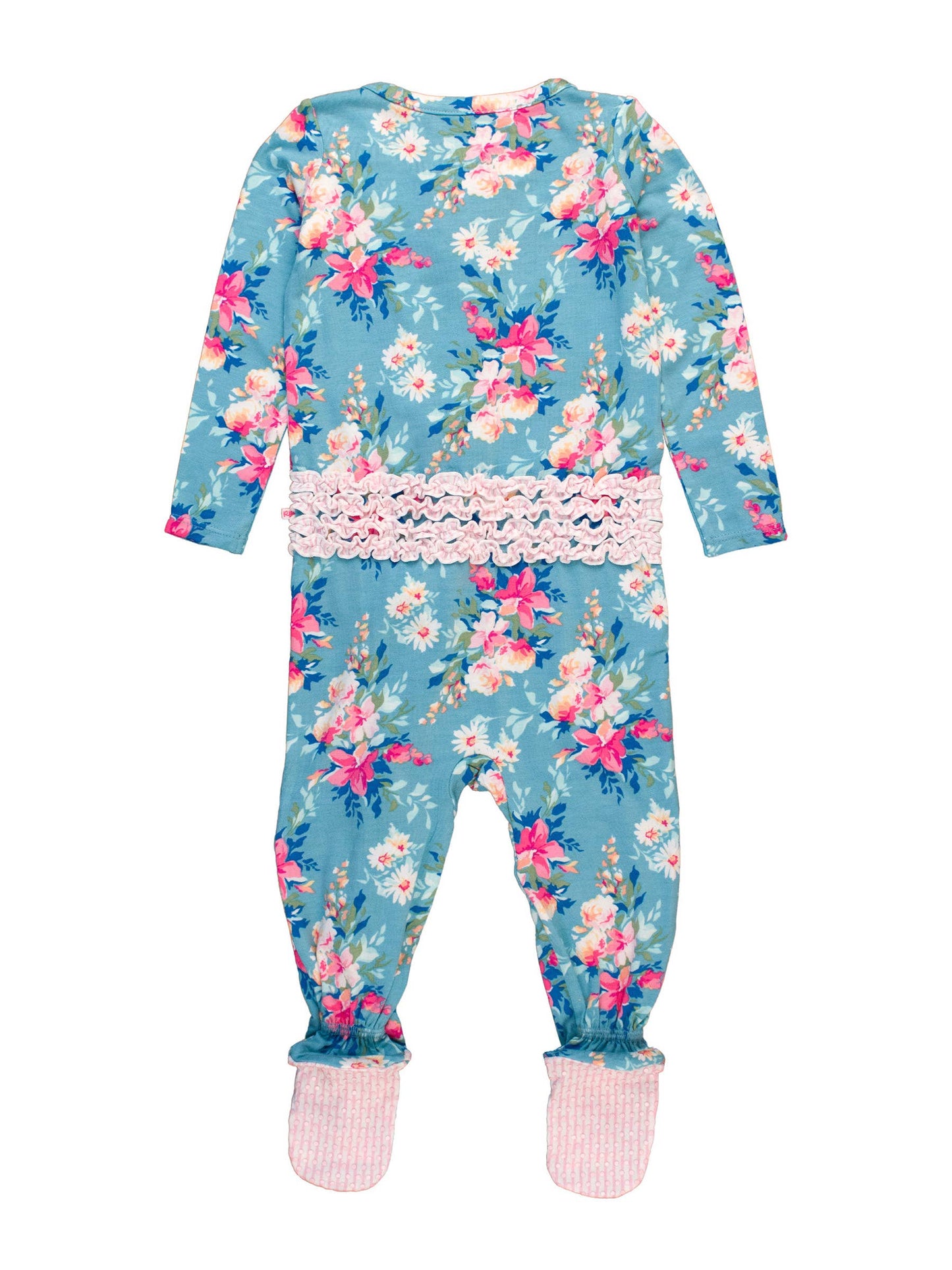 Fancy Me Floral Bamboo Viscose Footed Ruffle One Piece Pajama: Blue