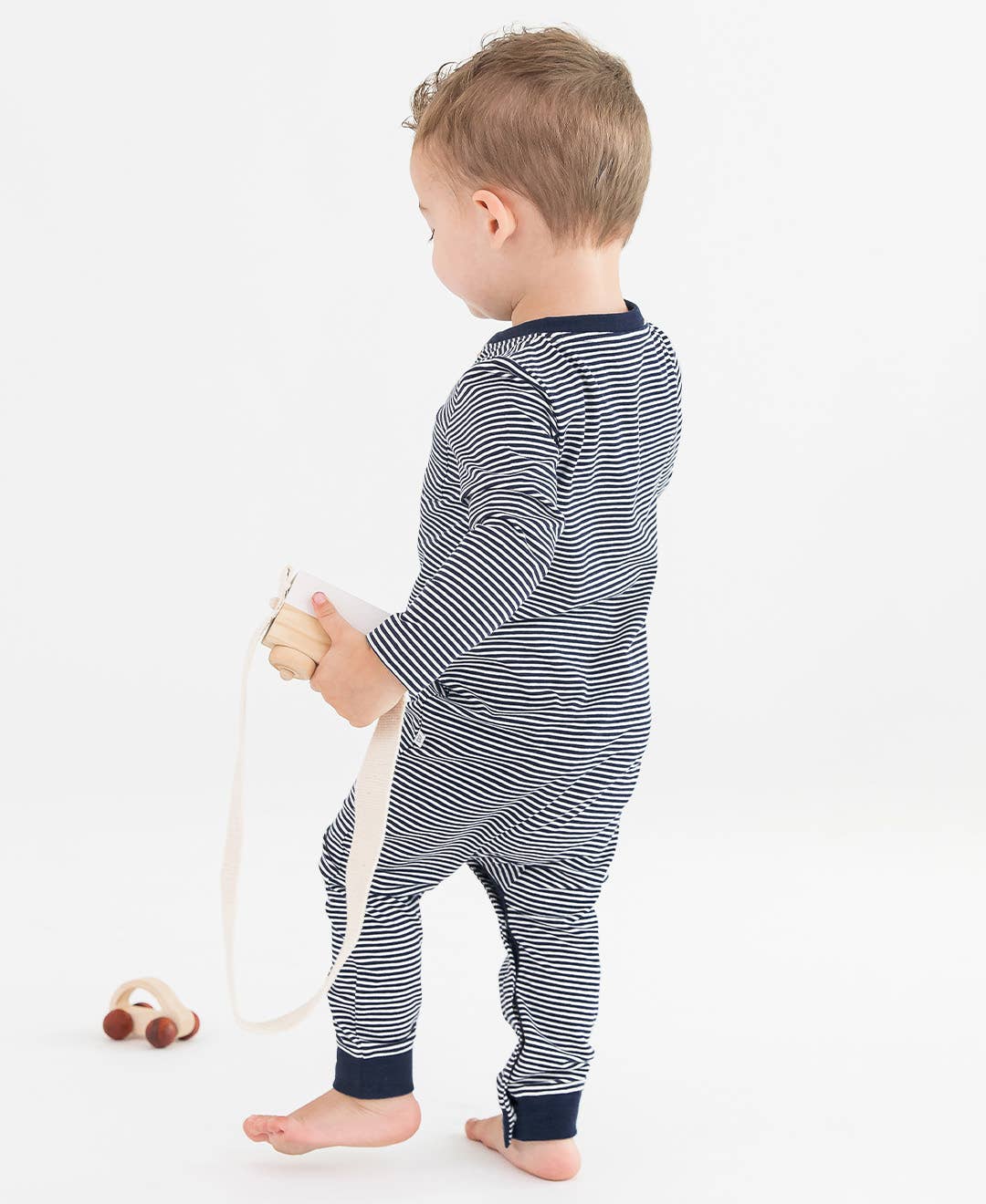 Baby Tiny Navy Stripe Knit Henley Pocket Romper: Blue