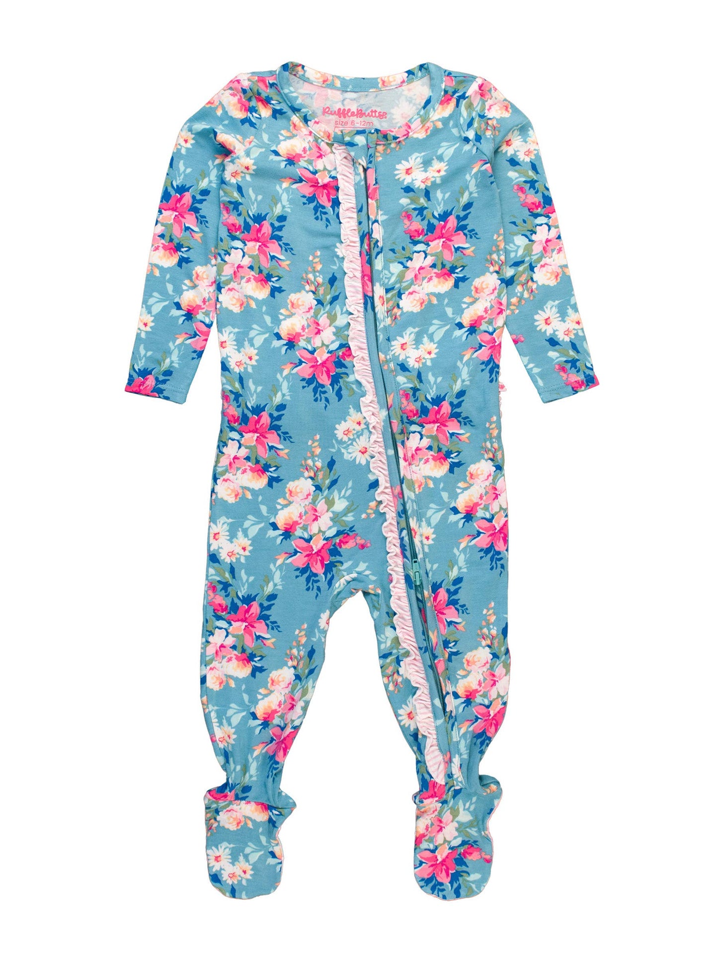 Fancy Me Floral Bamboo Viscose Footed Ruffle One Piece Pajama: Blue