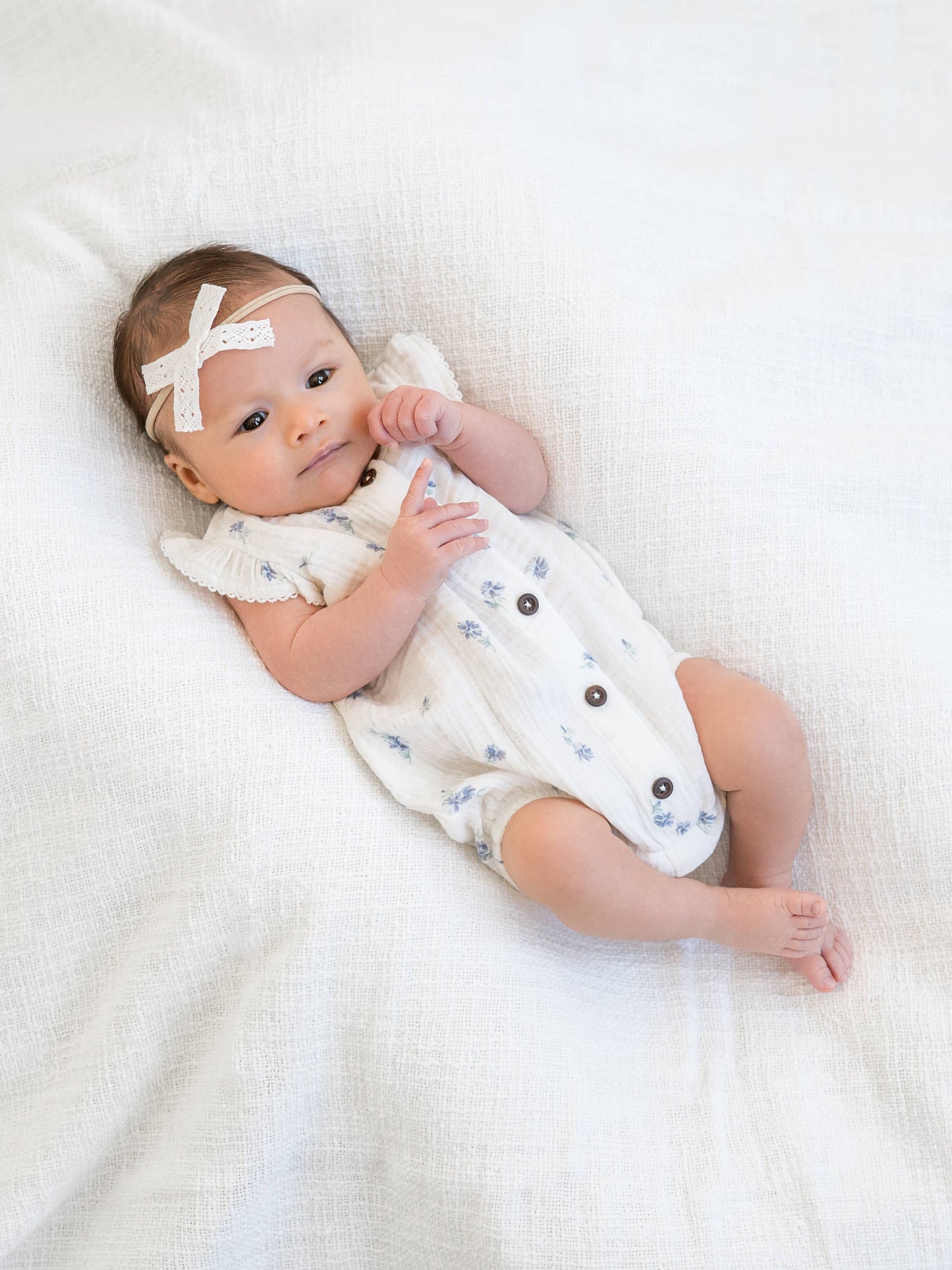 Coco Muslin Button Front Bubble Romper - Elena Floral/Lilla: 6-12M