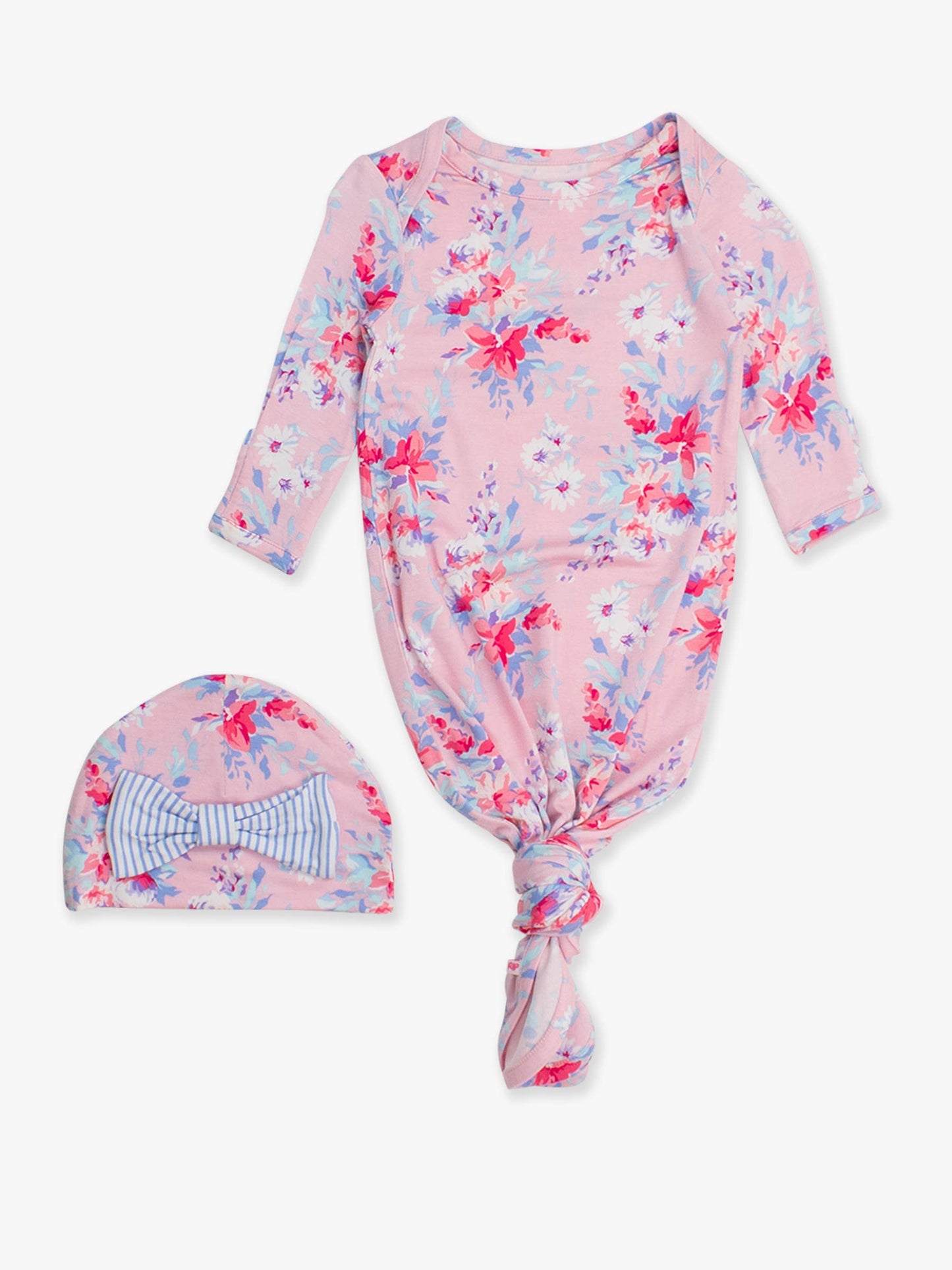 Pretty in Pink Floral Ruffle Knotted Sleep Gown & Bow Hat Set