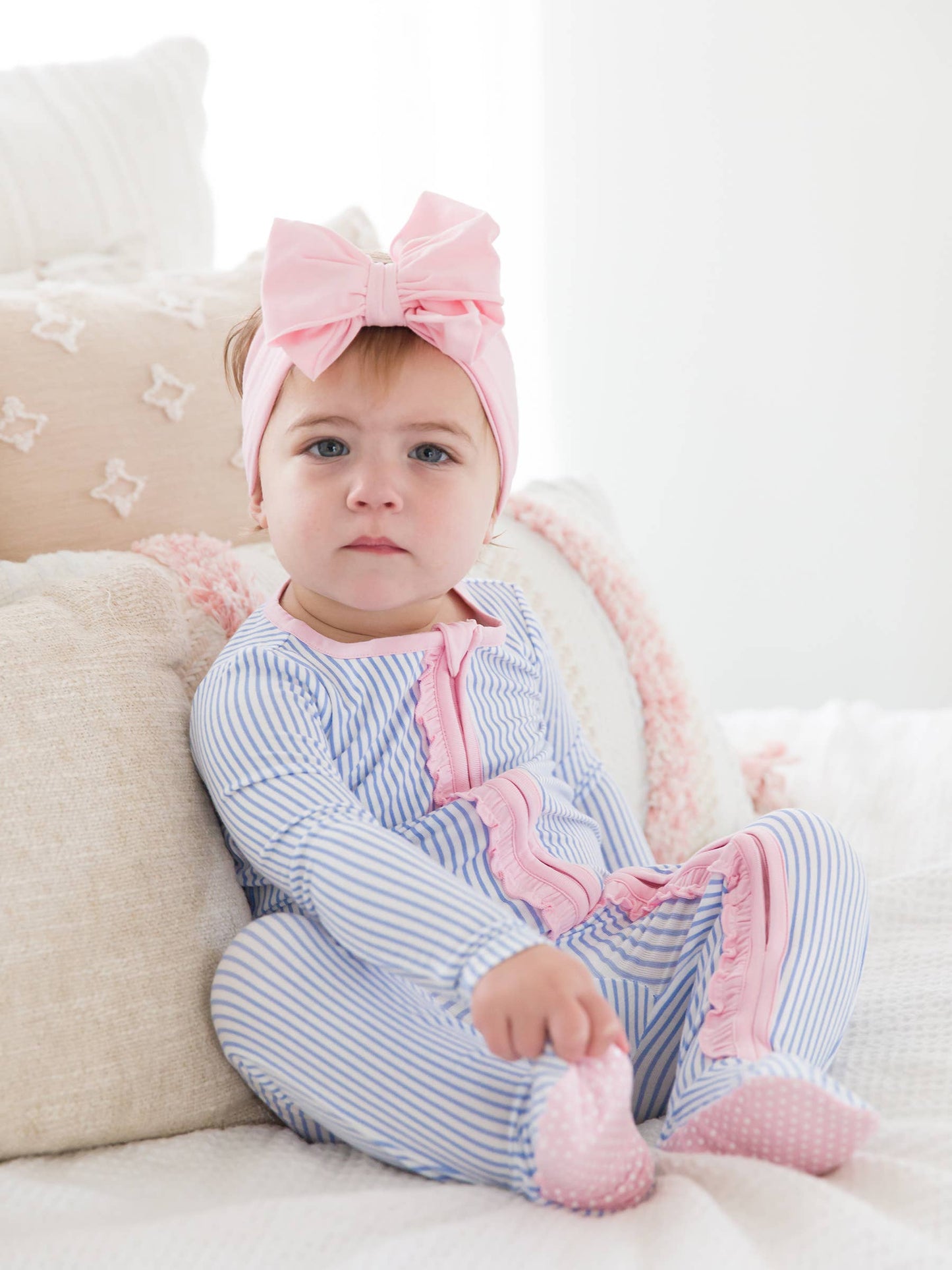 Periwinkle & White Micro Stripe Footed Ruffle One Piece Pajama