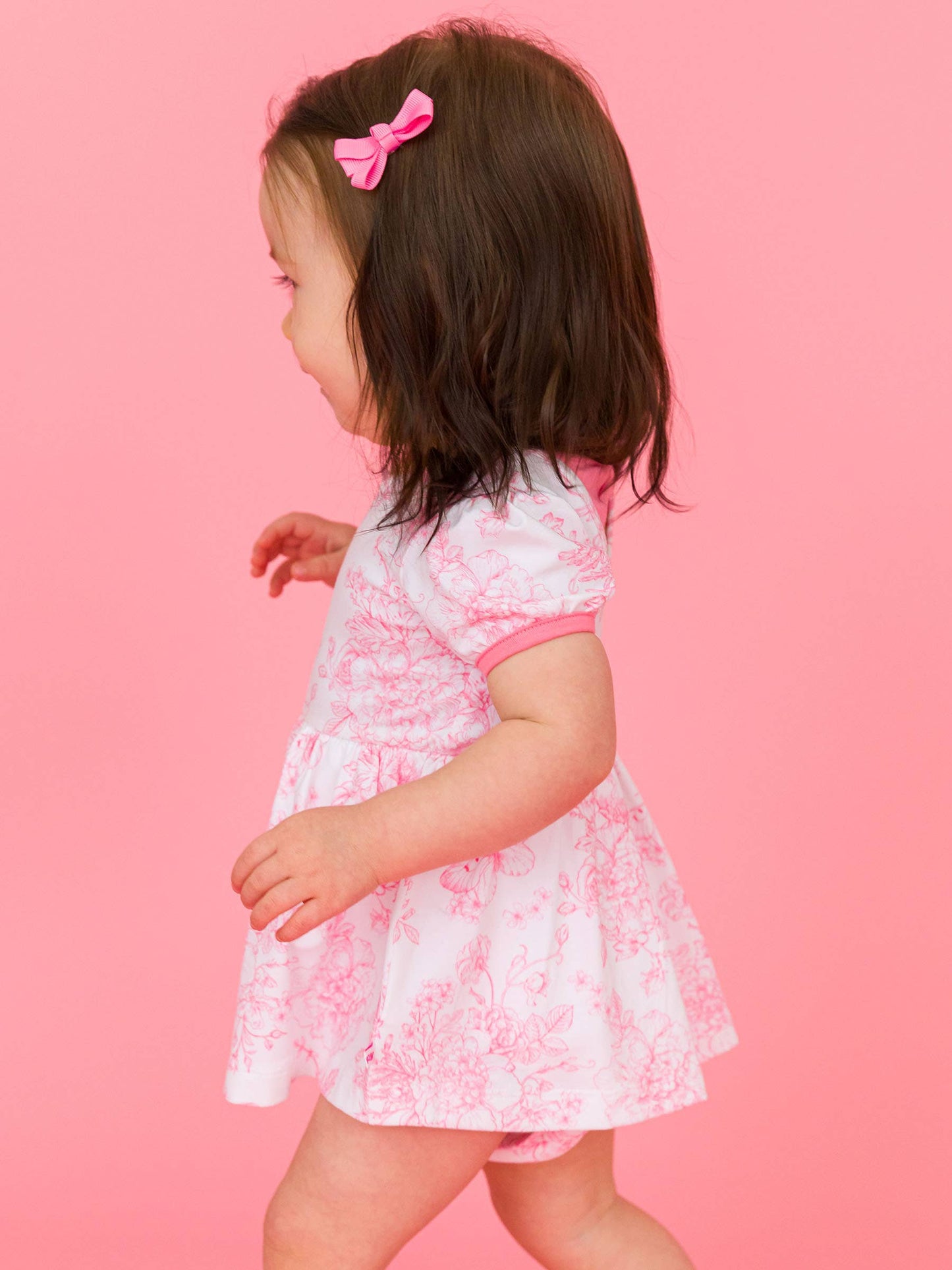 Baby Girls Bubblegum Pink Butterfly Garden Toile Short Sleeve Bow Twirl Romper