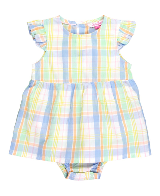 Baby Girls Clubhouse Rainbow Plaid Flutter Sleeve Skirted Romper: Multi-Color