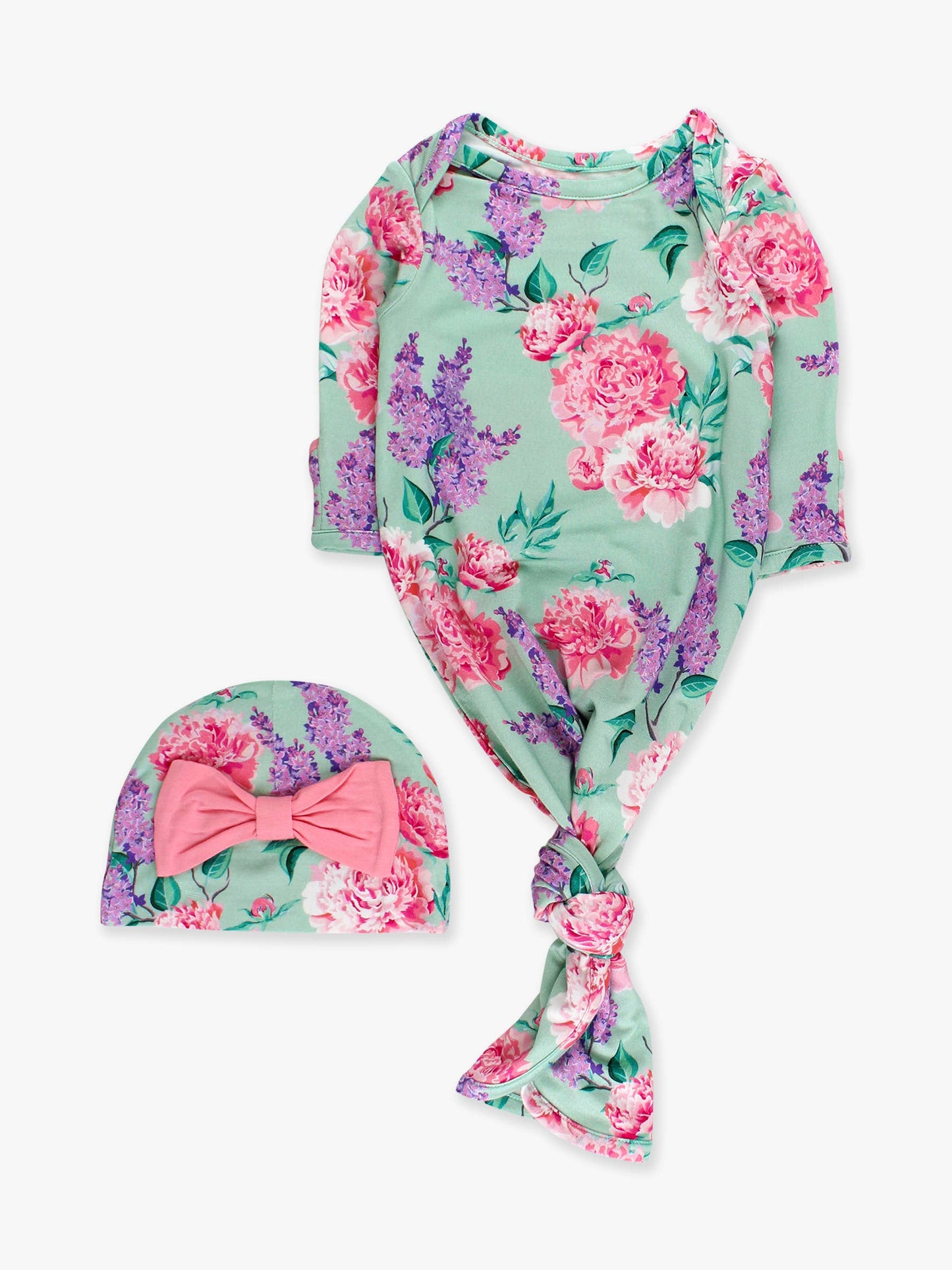 Sage Garden Ruffle Knotted Sleep Gown & Bow Hat Set