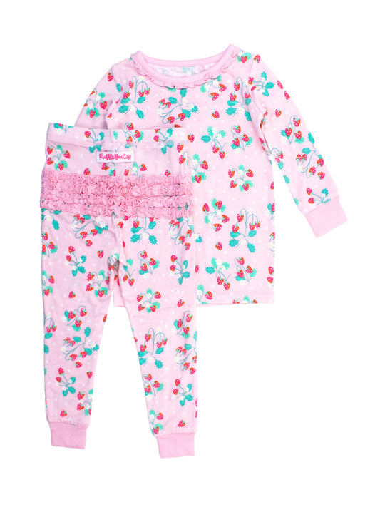 Baby Girls Sweet As Strawberries Bamboo Viscose Ruffle Long Sleeve Pajama Set: Pink