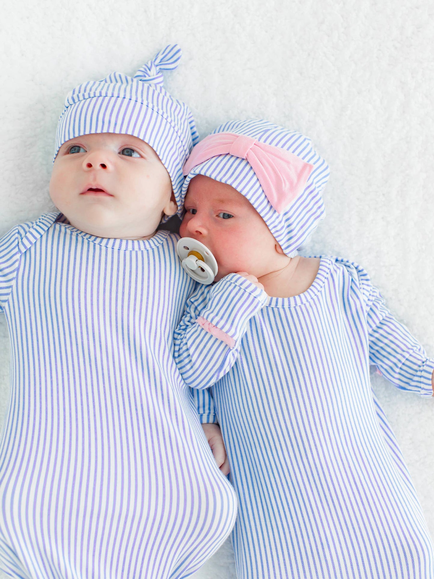 Periwinkle & White Micro Stripe Ruffle Knotted Sleep Gown & Bow Hat Set