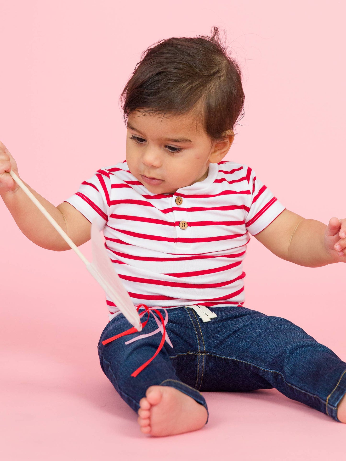 Baby Boys Red & White Stripe Short Sleeve Henley Bodysuit