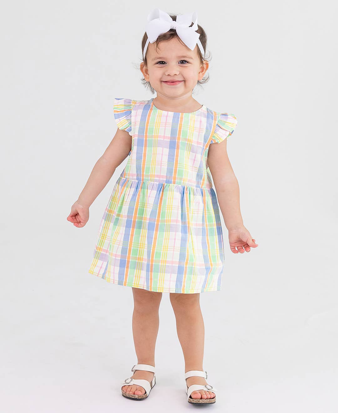 Baby Girls Clubhouse Rainbow Plaid Flutter Sleeve Skirted Romper: Multi-Color