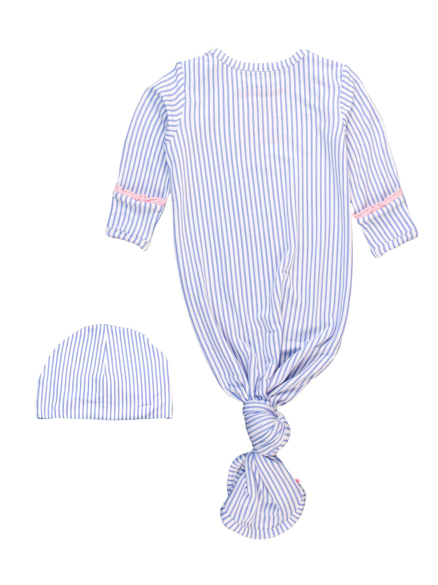 Periwinkle & White Micro Stripe Ruffle Knotted Sleep Gown & Bow Hat Set